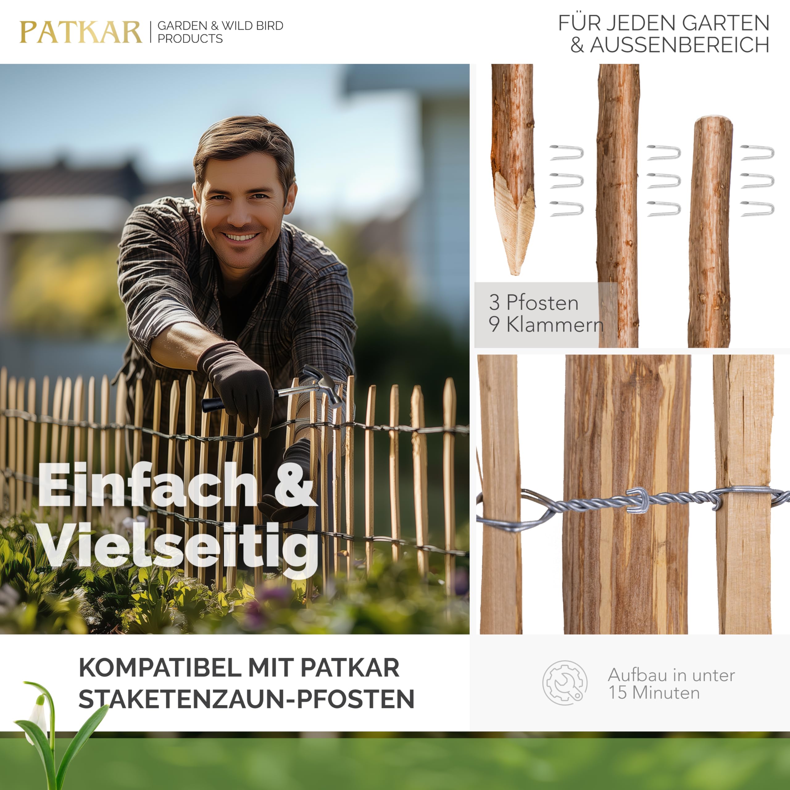 PATKAR® Staketenzaun 10mx90cm [WETTERBESTÄNDIG & STABIL] - Holzzaun Gartenzaun Holz Abgrenzung - Staketenzaun 90 cm hoch (Made in Europe) - Gartenzaun zum Stecken - einfach montierter Zaun Holz