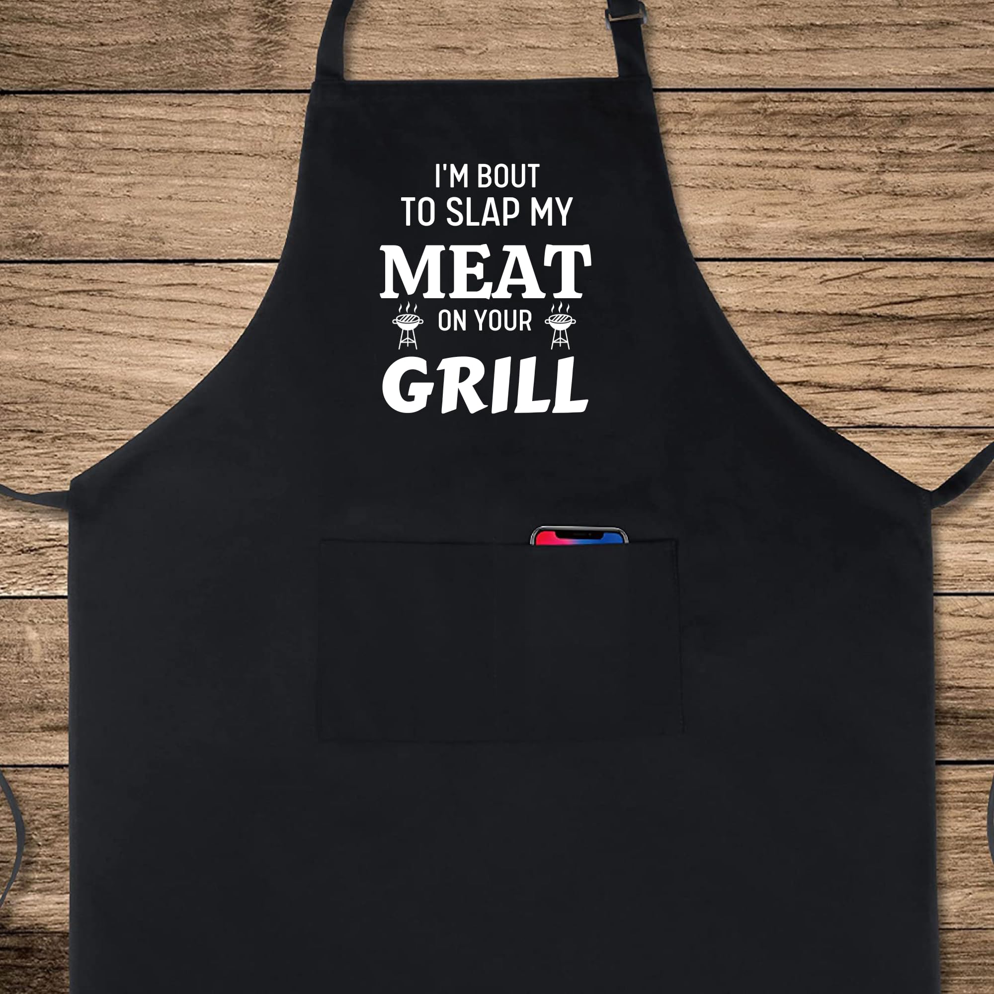 Delantales divertidos con texto en inglés "I'm Bout To Slap My Meat On Your Grill" para mujer, regalo para padre, Navidad, Negro, Taille unique