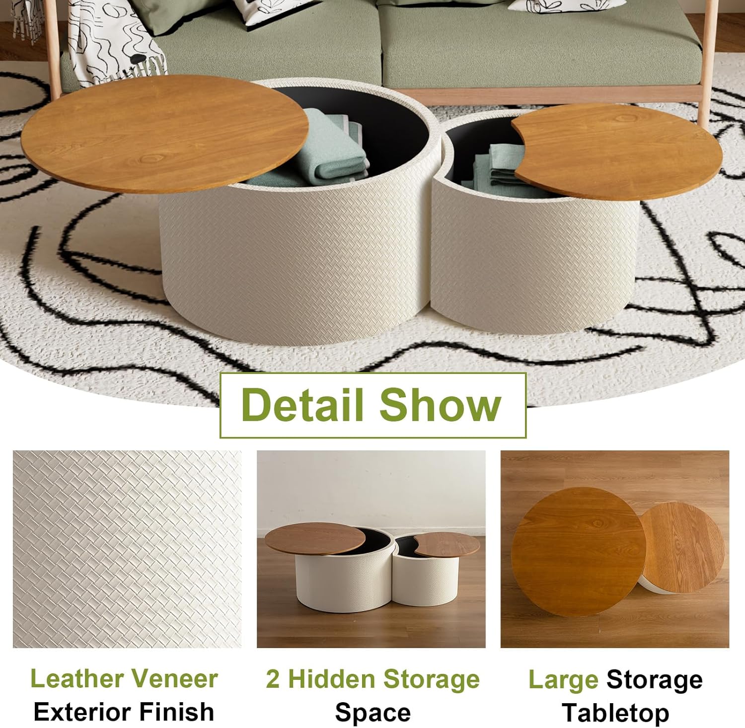 Round Nesting Coffee Table Set of 2 with Storage, Modern Round Coffee Tables with Storage for Living Room Leather Veneer Style Circle Drum Nesting Tables Crescent End Side Table (White)