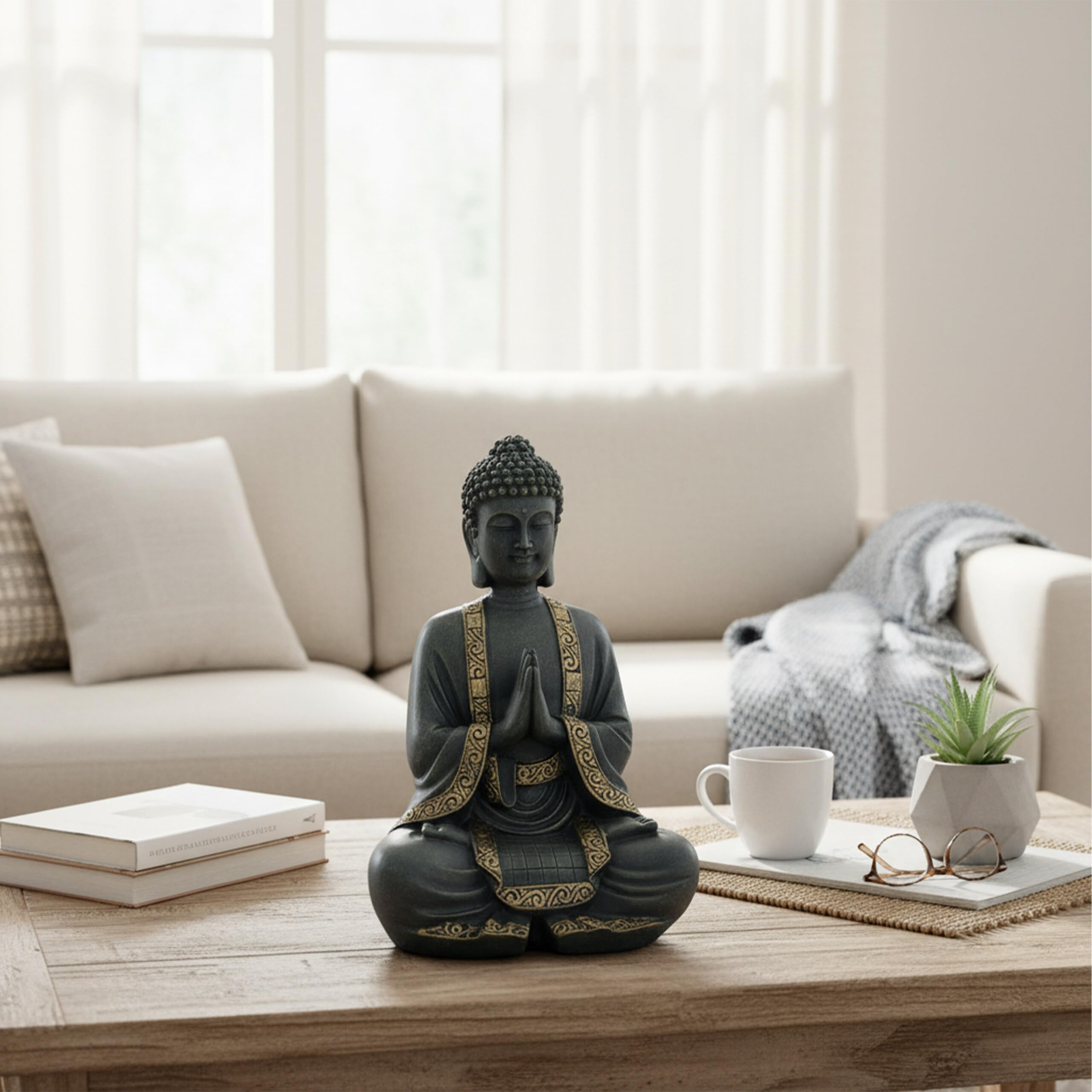 Relaxdays Statua di Buddha in Preghiera, 38 cm, Giardino e Soggiorno, Resistente alle intemperie