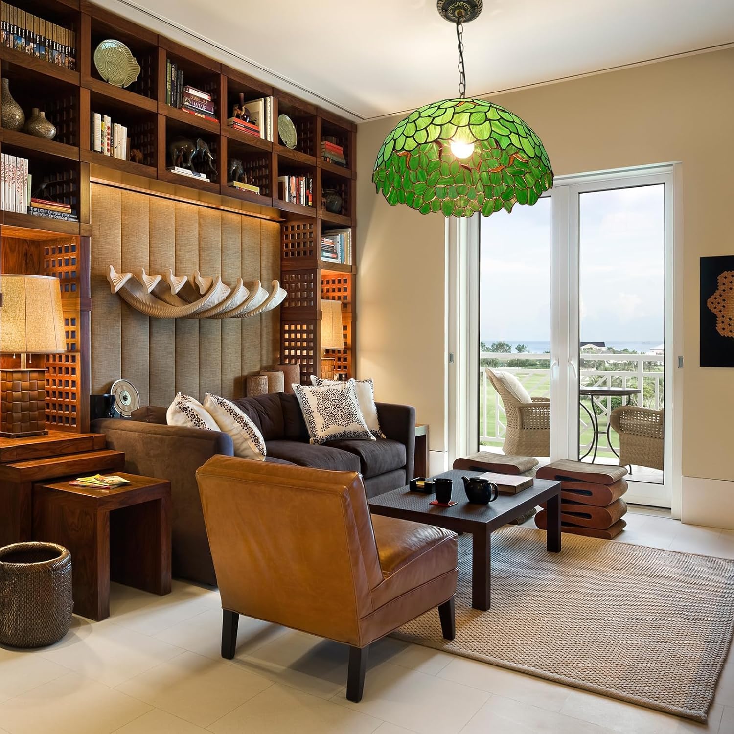 Tiffany Pendant Light fixtures Hanging Lamp Stained Glass Light Decor for Dining Living Room Kitchen Island Study Hallway 16 Inch Green Leaf