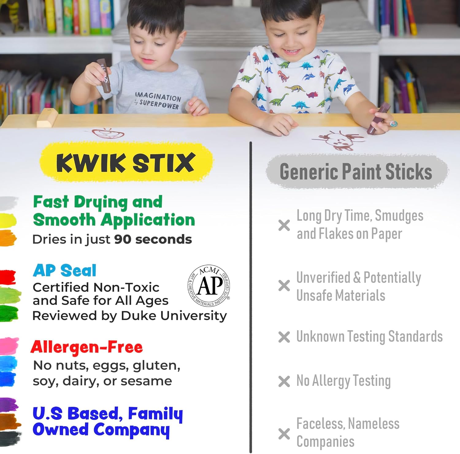 Kwik Stix Solid Tempera Paint Sticks - 6-Set of 12-Pack (72 Total) - Washable, Quick-Dry (90 Sec), Non-Toxic, Allergen-Free, ASTM Certified Art Supplies, Mess-Free Twist & Paint for Kids & Classrooms