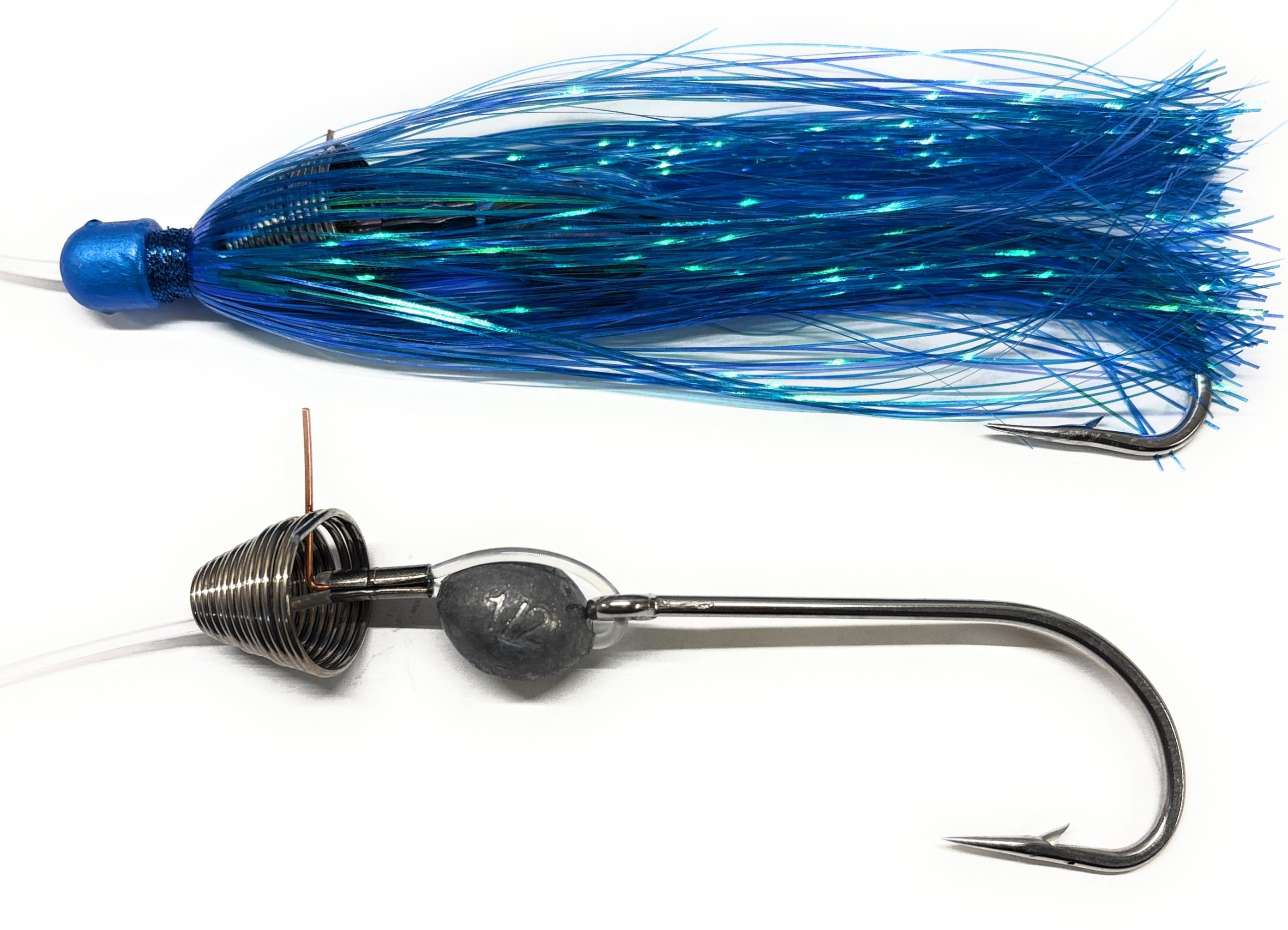 (1pc) Saltwater Fishing Ballyhoo Rig with Mylar Skirt. Dolphin Mahi Tuna Offshore Fishing Lure. 7/0 Hook, 150lb Mono, Blue Squid Skirt. Ocean Trolling Ballyhoo Rig Big Game Fishing Lure