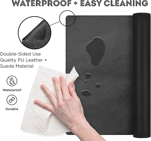 Miniatura 4 de FTC Alfombrilla de escritorio de piel sintética y secante, base de franela antideslizante (negro 31.5 x 15.75), alfombrilla de mouse cosida