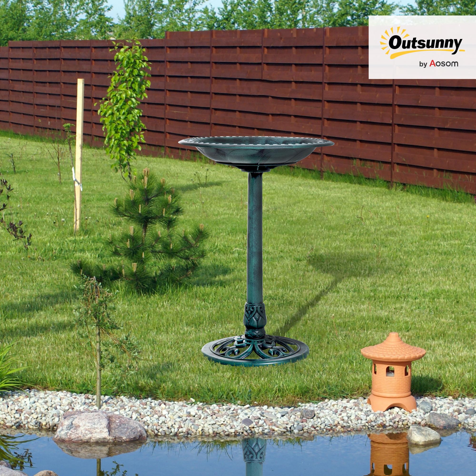 Outsunny Baño para Pájaros de Jardín al Aire Libre, Altura 70 cm, Comedero para Pájaros con Diseño de Flor de lis y Acabado Envejecido, Ligero y Resistente, Bebedero para Aves, Verde