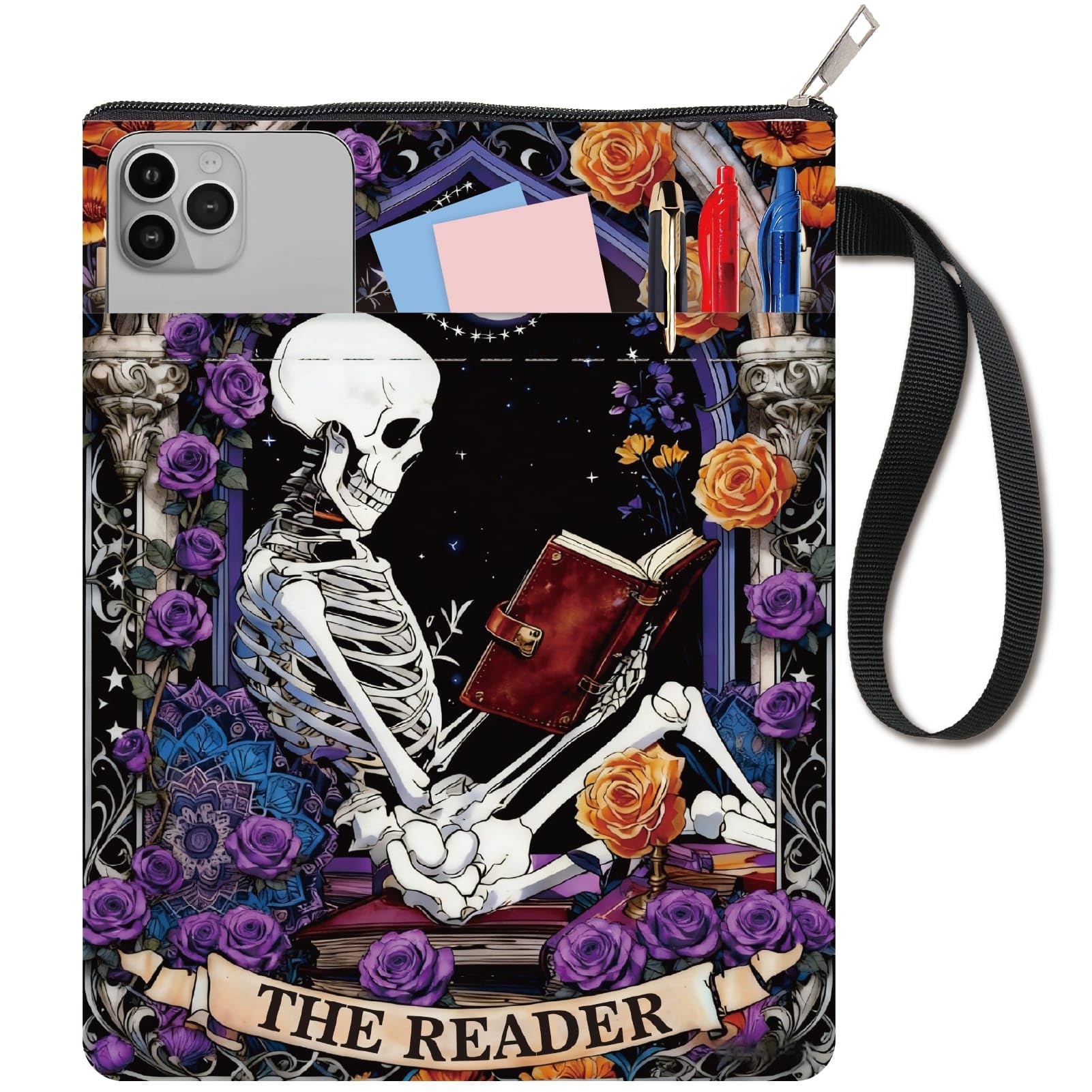 Craspire Buchhülle Mit Skelett-Motiv – Waschbarer Stoff, Reißverschluss & Extra Tasche, Passend Für Taschenbücher