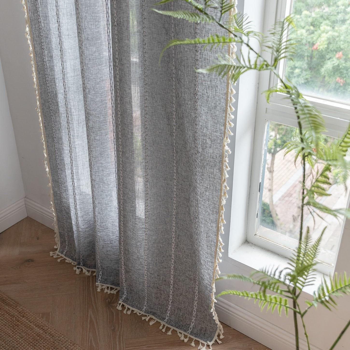 Sutuo Home Zasłony boho do sypialni, salonu, półprzezroczyste, lniane, dom wiejski, szykowny styl vintage, chwosty, dekoracja okien, haft bohemijski, zasłona, kieszeń na pręt, 1 panel (szer. x dł.), 1
