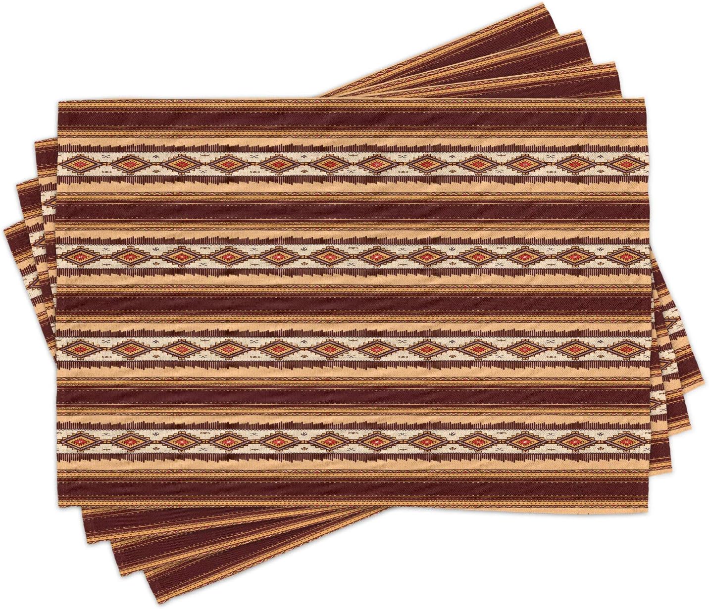 Ambesonne Native Place Mats Set of 4, Native Indigenous Pattern Prehistoric Country Theme, Washable Fabric Placemats for Dining Table, Standard Size, Maroon Beige