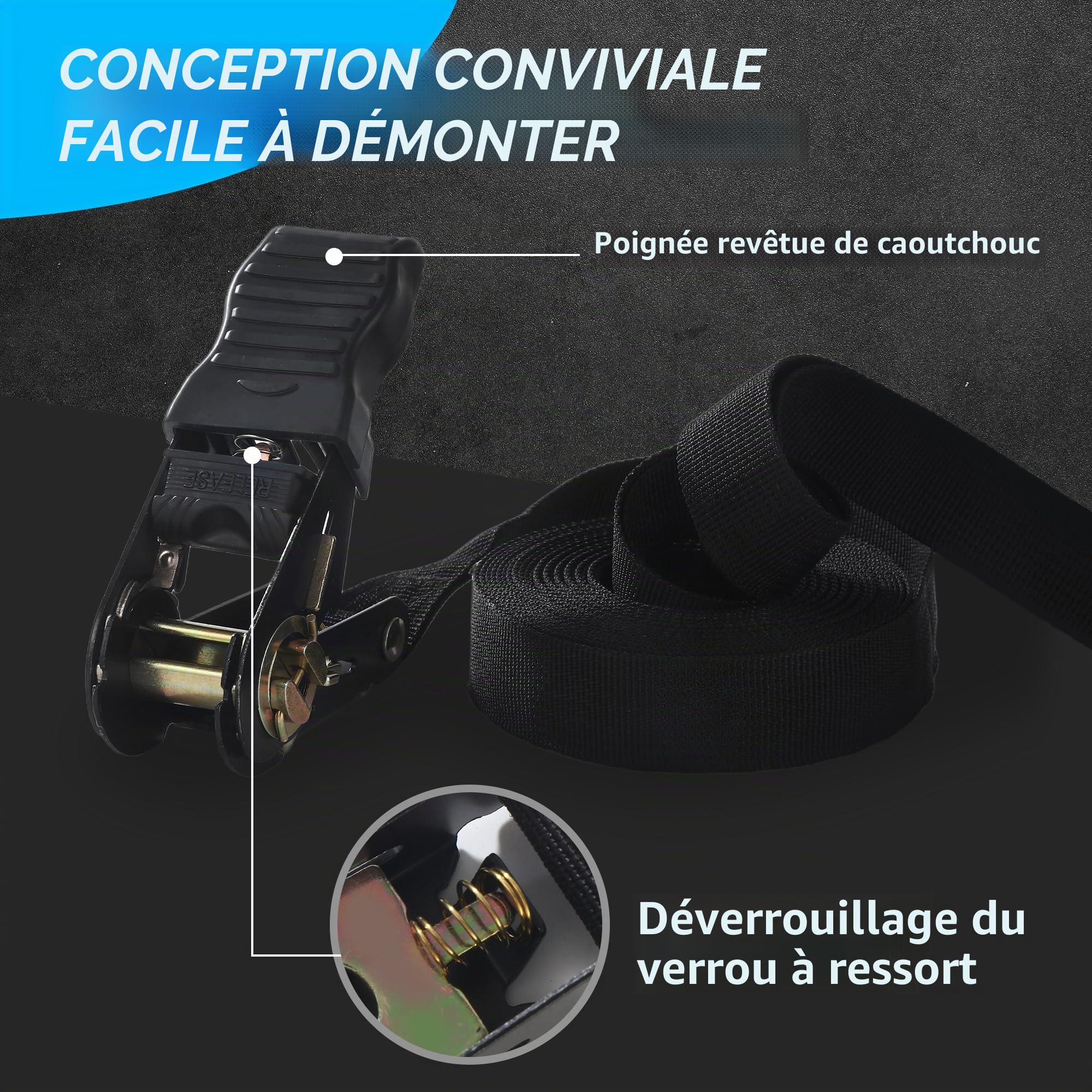 3 Pièces Noir Sangle a cliquet 6m x 25 mm, capacité de Charge de 1000 kg, Sangles à cliquer pour Camions, Voitures, Vélos, Sangle arrimage Din en 12195-2