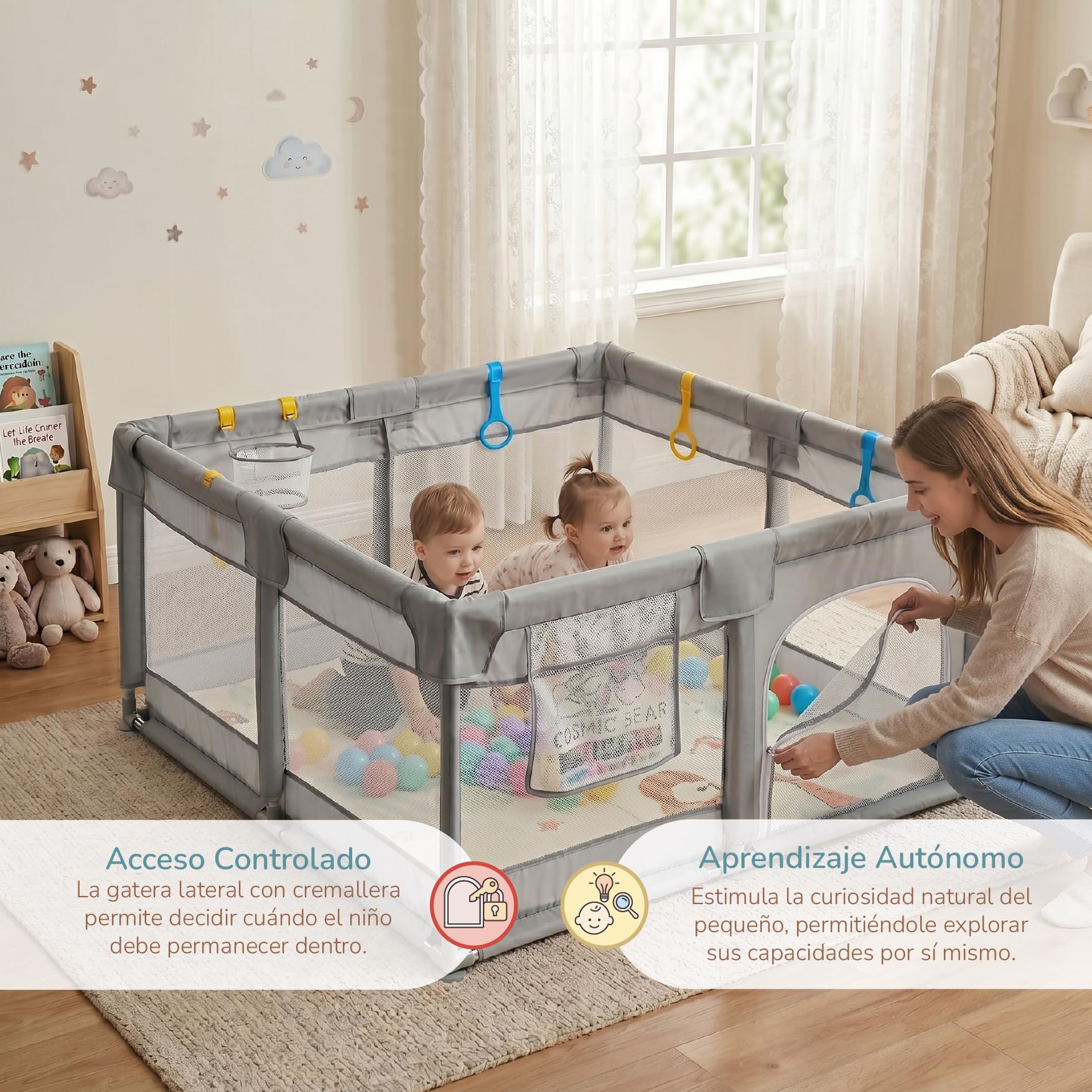 Buddy Baby Park- Parque Infantil Bebe 120x120cm + Alfombra + Agarraderas + Canasta + Bolas – Corralito Bebe con Malla Transpirable – Parque de Juegos Bebe Plegable con Puerta Lateral (Gris)