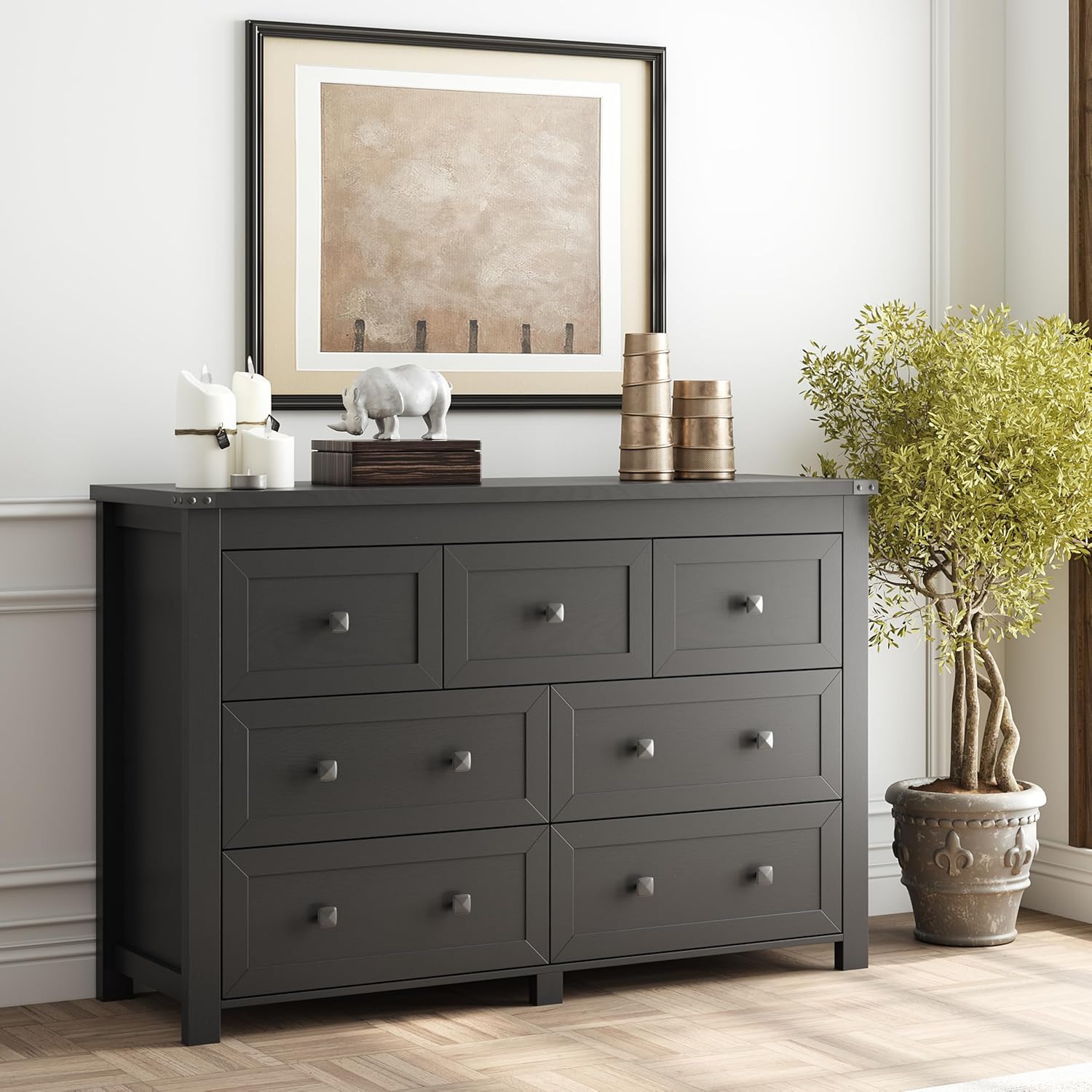 Black Dresser for Bedroom with 7 Drawers, Wood Dressers Chest of Drawers with Metal Handles, Modern Bedroom Dresser with Drawers for Closet Hallway, Living Room, Black