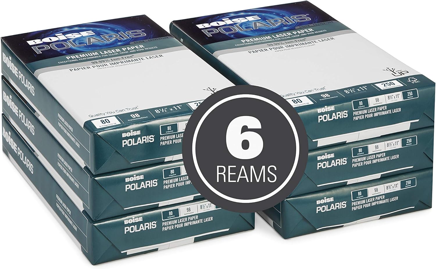 BOISE POLARIS Premium Laser Paper, 8.5" x 11" Letter, 98 Bright White, 24 lb., 8 Ream Carton (4, 000 Sheets) : Office Products