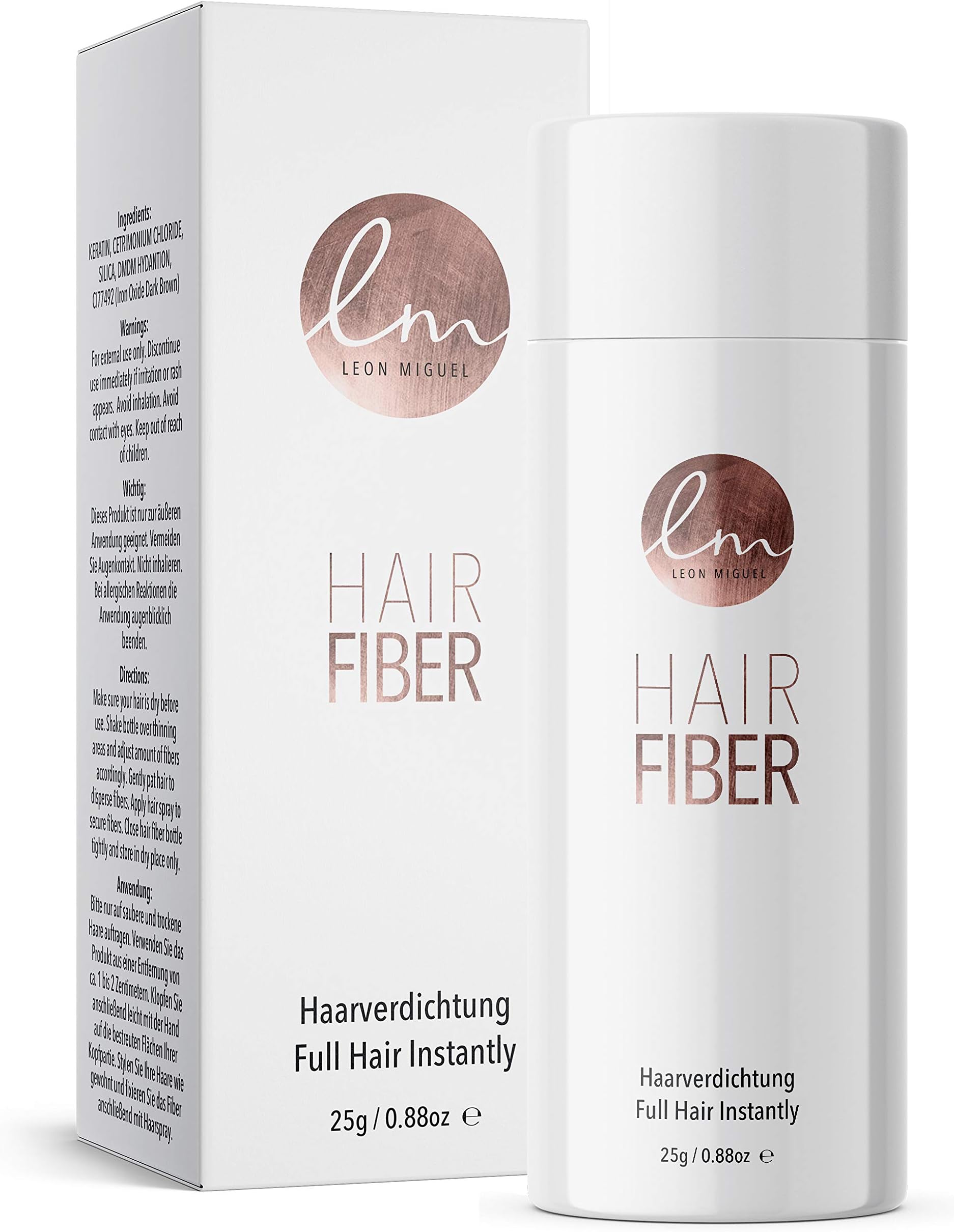 LEON MIGUEL Hair Fibre - Hair Thickening - Premium Scatter Hair / Pouring Hair with Instant Effect for Secret Corners, Hair Loss and Light Hair - Hair Powder | 25 g (Light Brown)