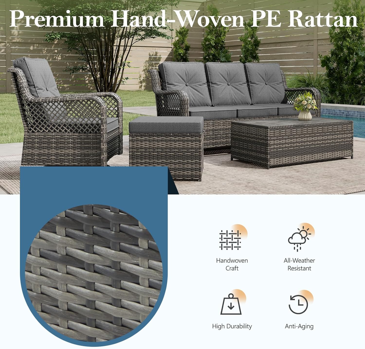 Patio Bistro Sets 3 Pieces with 360° Swivel Chairs Set of 2 - Outdoor Patio Furniture Set with PE Wicker Chairs and Side Table, Patio Conversation Sets for Porch, Garden, Balcony, Light Gray