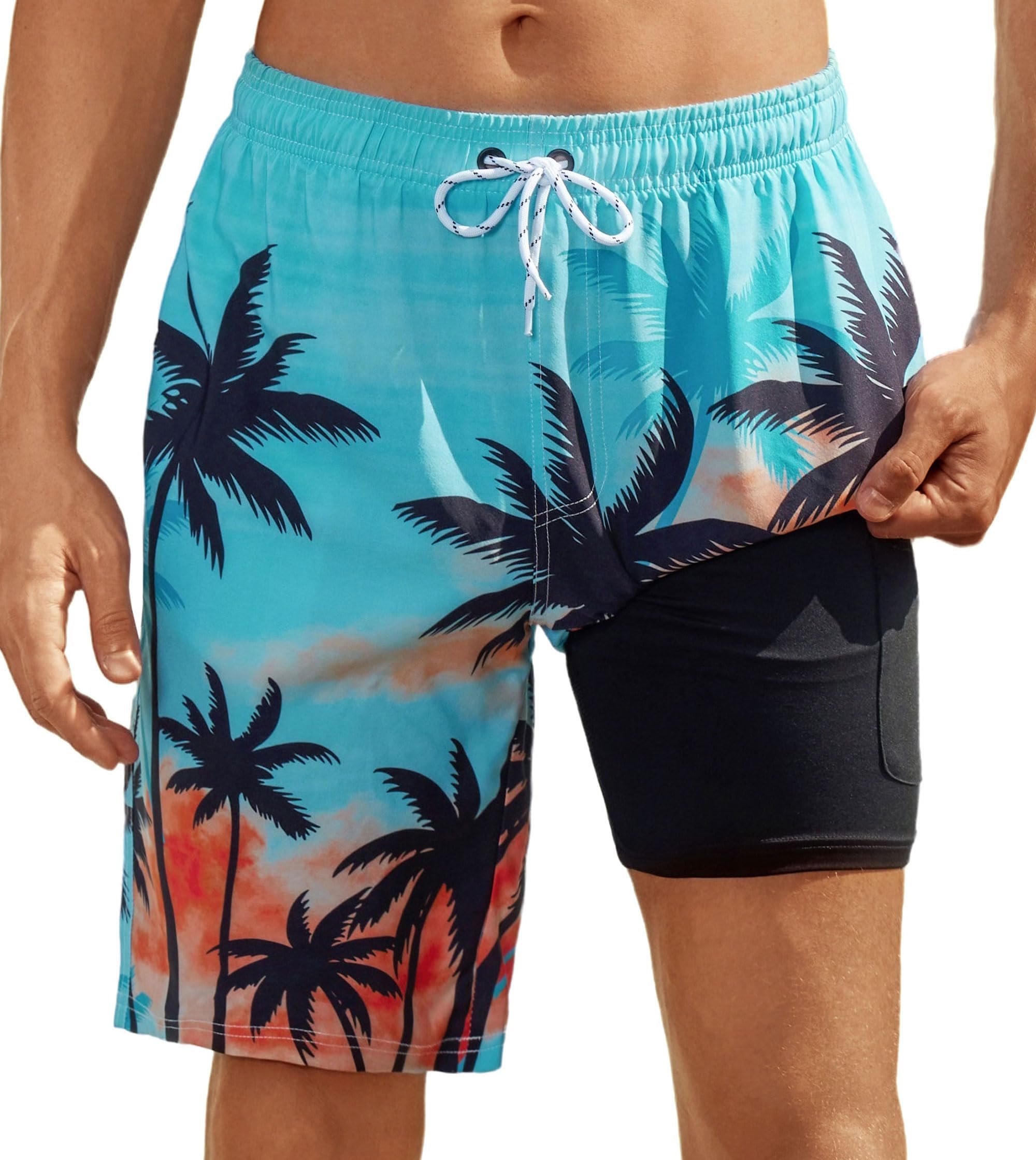 Mens Swim Trunks with Compression Liner 9" Swim Trunks Quick Dry Surfing Beach Shorts Hawaii Sports Shorts