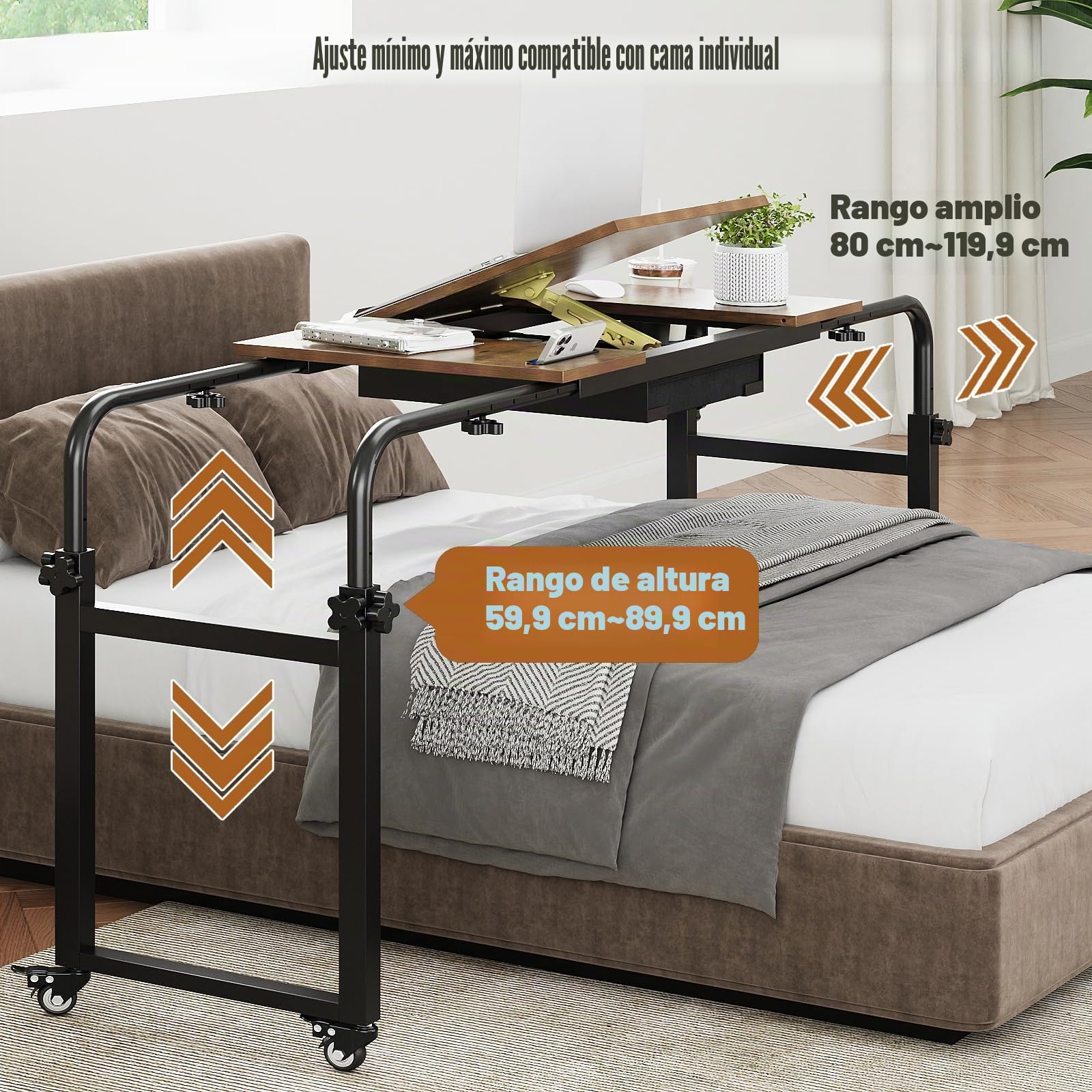VEDECASA Mesa de cama plegable con ruedas, altura ajustable, mesa de cama para hospital y hogar, portátil, con estante para ordenador portátil, comida o libros (marrón)
