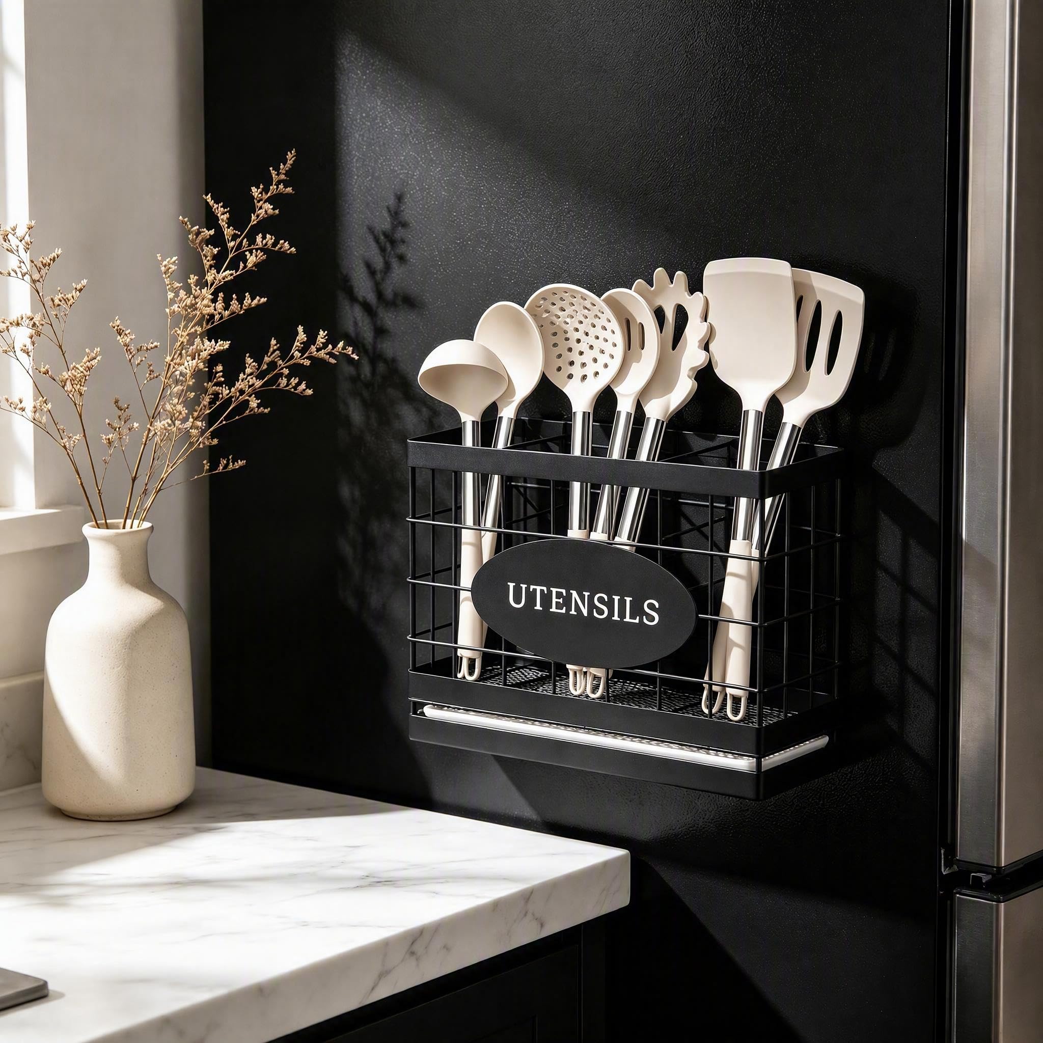 Magnetischer Küchenutensilienhalter für Kühlschrank, Aufbewahrung, Utensilienhalter für Küchentheke mit Abfluss, stabiler Besteck-Organizer, schwarzes Metall, Koch-Caddy Aufbewahrung für Brotschneider
