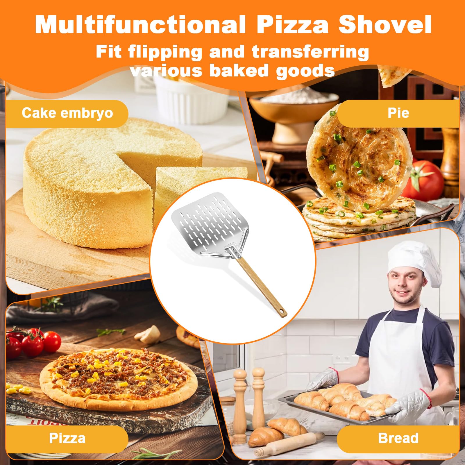 Pelle à Pizza Perforée 39,5 x 30 cm avec Poignée en Bois Longue Amovible, Spatule Pizza en Aluminium 12 Pouces, Coupe à Pizzas Grande Surface, Pelle Pain Cuisson Professionnelle pour Barbecue et Four