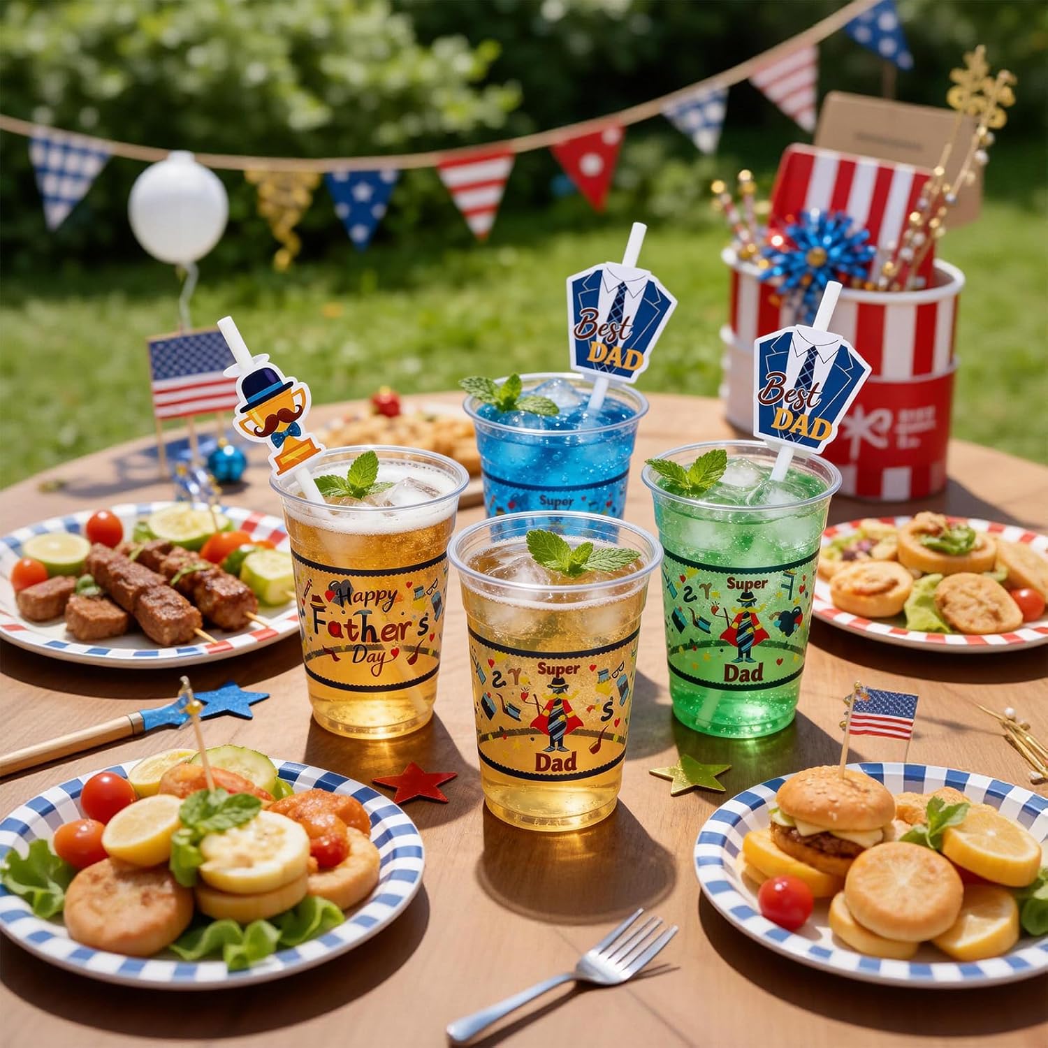 MUOUAKATE Father's Day Cups, 12 oz Happy Fathers Day Decorations Party Supplies Disposable Clear Plastic Cups Bulk with Straws and Decorative Cards for Fathers Day Dad Birthday Home Dinner, 20 Pcs