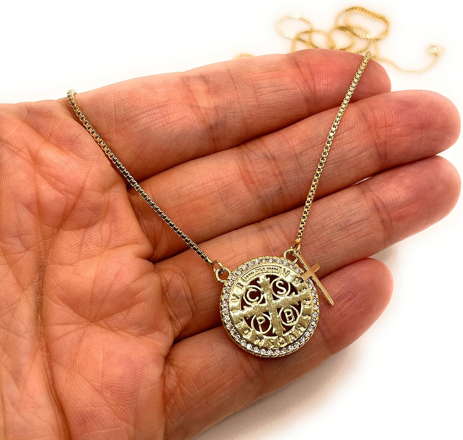 Lariat Necklace for Women, San Benito Necklace, Saint Benedict Necklace, San Benito Lariat Necklace, Gifts for Her, Dainty Long Gold Necklace for Women, Ajustable Necklace, Gifts for Her. - Image 5