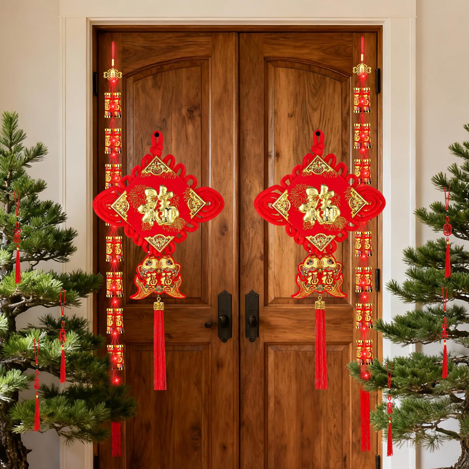 Chinese New Year Hanging Decorations 2026 Lunar New Year Decor Kit Includes Firecracker Hanging, Fu Character with Tassels, Wooden Signs & LED Lights for Spring Festival Year of Horse 2026