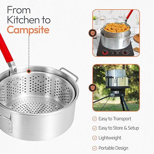 Miniatura 2 de Freidora de pescado de aluminio con cesta  Olla profunda de 10 cuartos de galón con asa  Sartén de aceite para exteriores con cesta para freír  Olla
