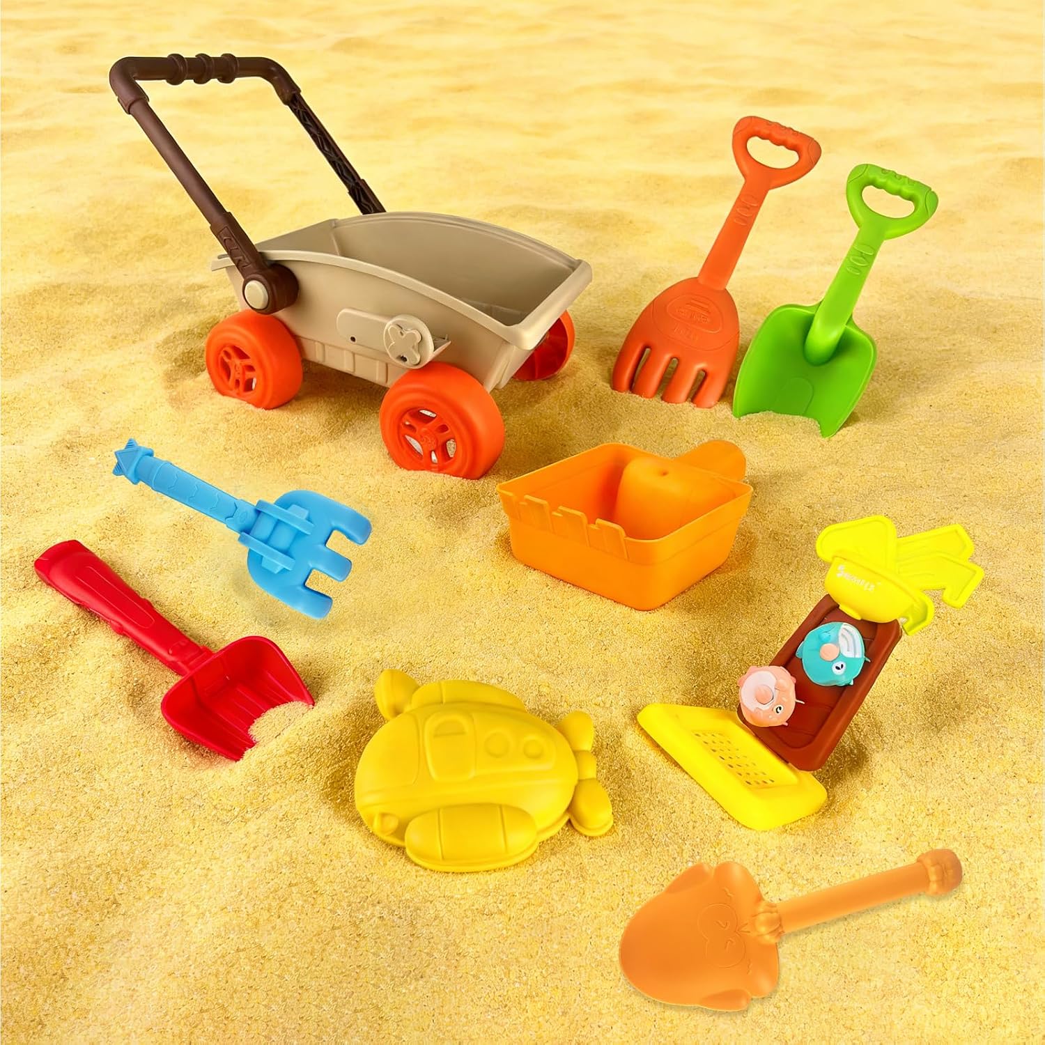 IOKUKI 19 PCS Sand Toys with Extra Large Mesh Bag Including Sand Wagon, Water Wheel, Large Shovels & Rakes, Molds, Castle Kit, Outdoor Beach Toys Tool Set for Kids, Toddlers, Boys and Girls Age 3+