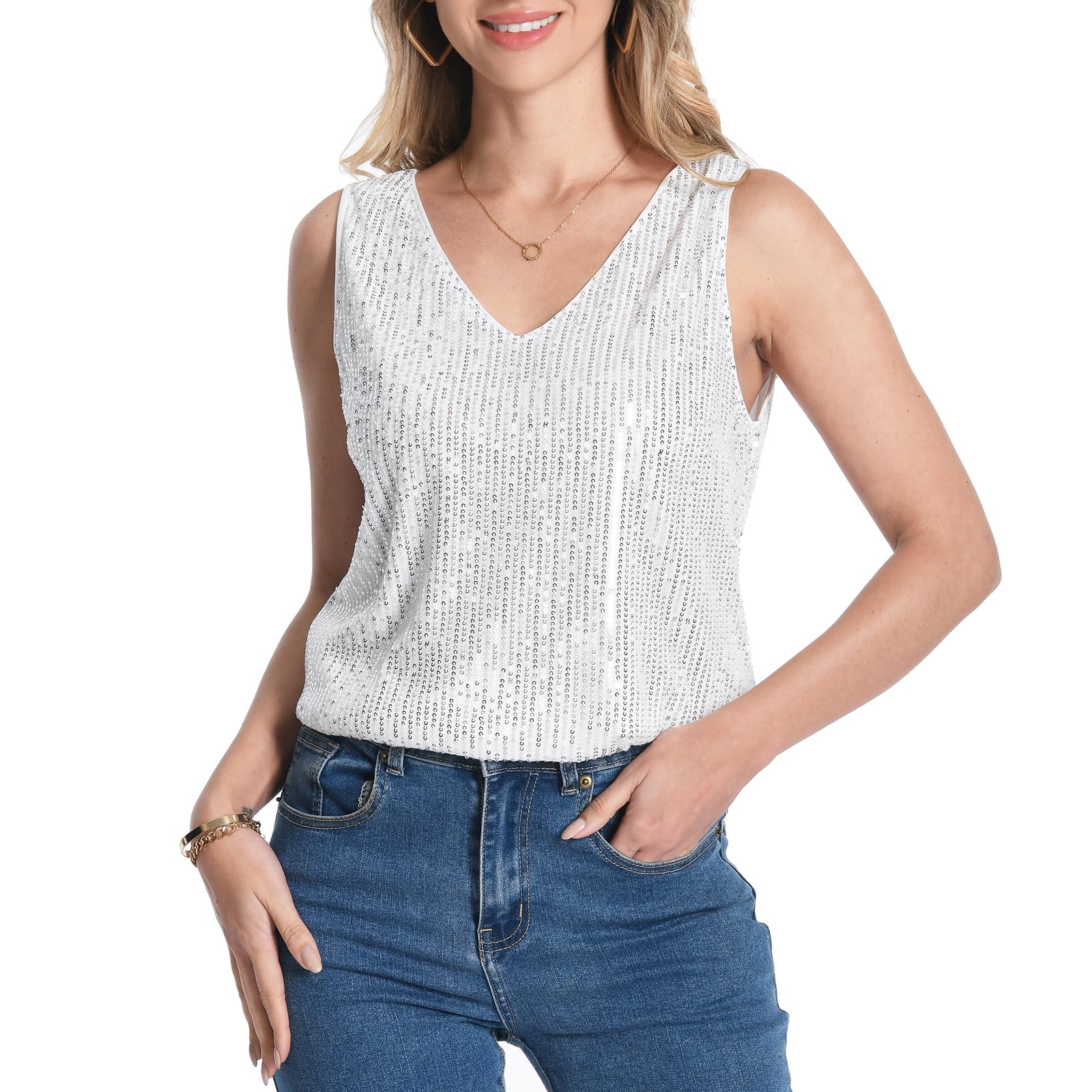 Womens Sequin Tank Tops Glitter Sleeveless Sparkly Club Party Vest