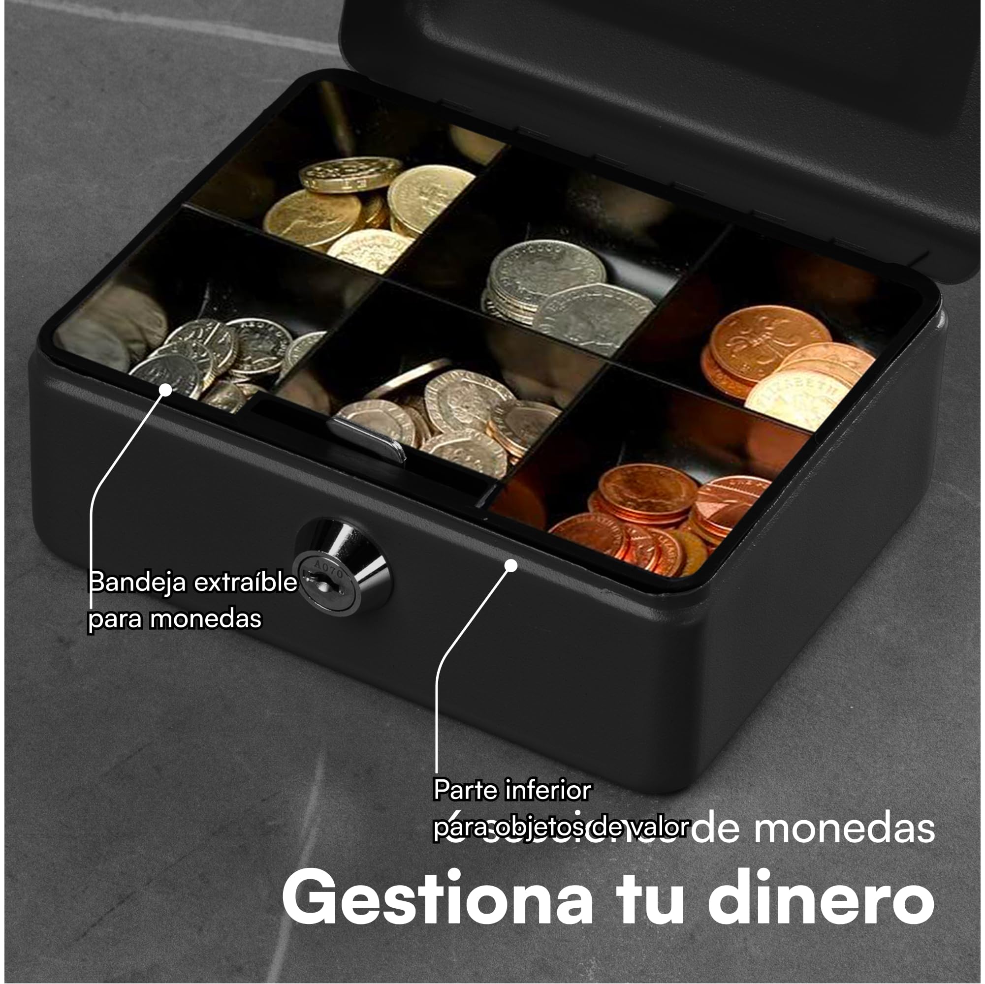 Caja de caudales H&S®, de acero, con cierre y dos llaves, 15 cm, color negro