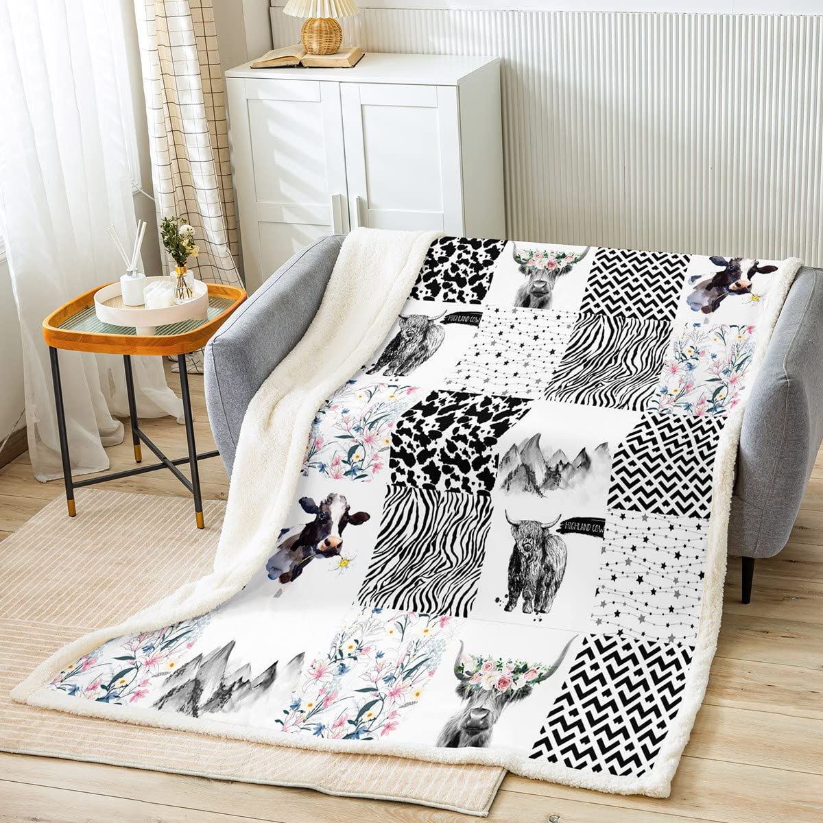 Loussiesd Highland Cow Throw Blanket for Bed Sofa Cow Geometric Fuzzy Blanket Floral Farmhorse Highland Cattleative Fleece Sherpa Blanket Leopard Plush Blanket Double 60x79 Inch