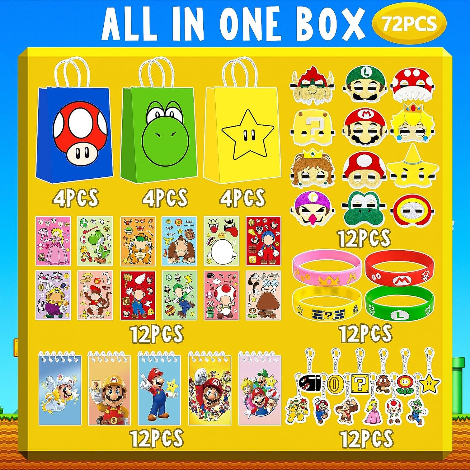 Lot 46 Cadeaux Invités Mario Party - Anniversaire Enfants Avec Porte-Clés, Bracelets, Sacs Et Tatouages
