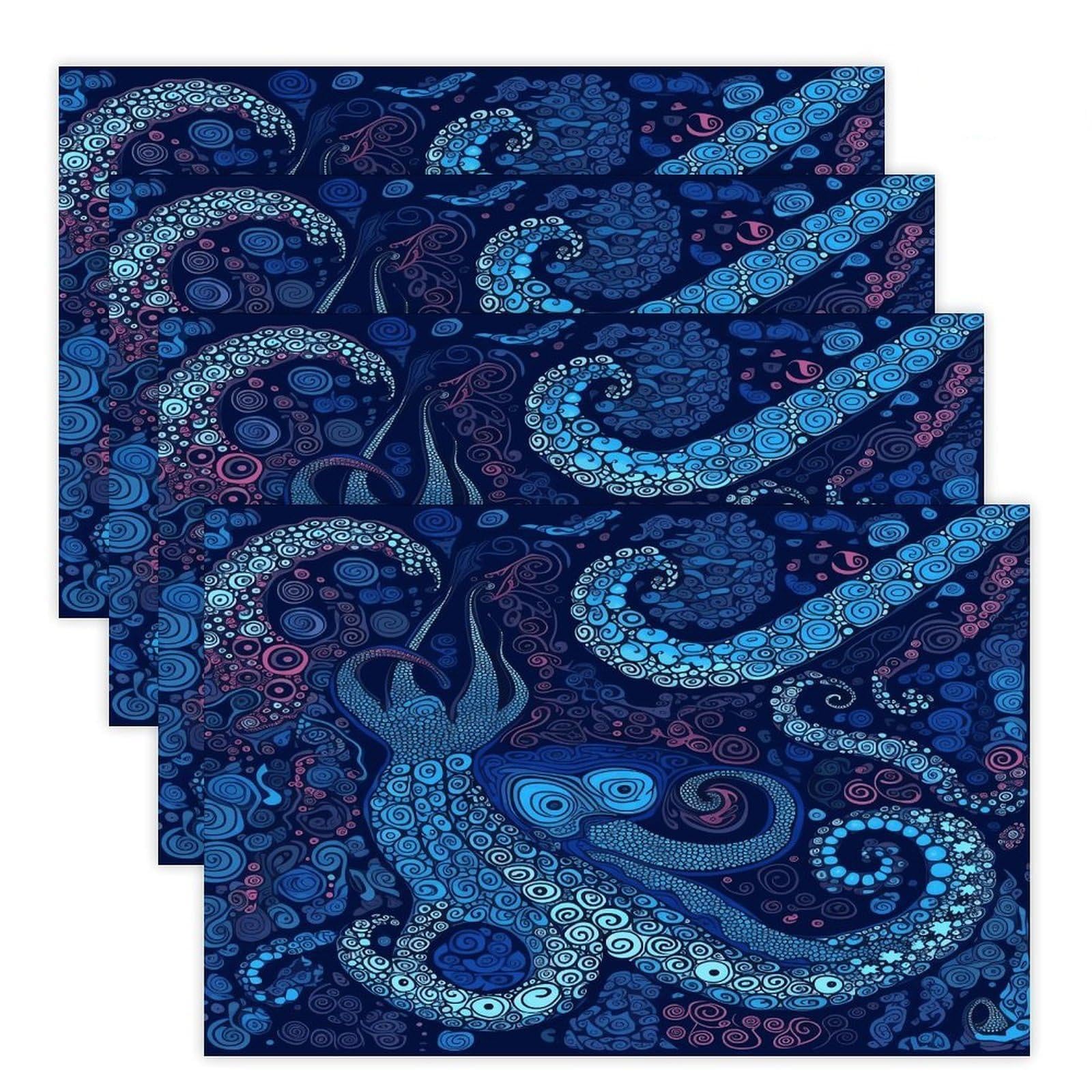 Blue Octopus Placemats Non-Slip Heat Resistant Table Mats Flax Washable Cloth Place Mats Easy to Clean Premium Placemat for Kitchen Dining Table Decor Party Outdoor