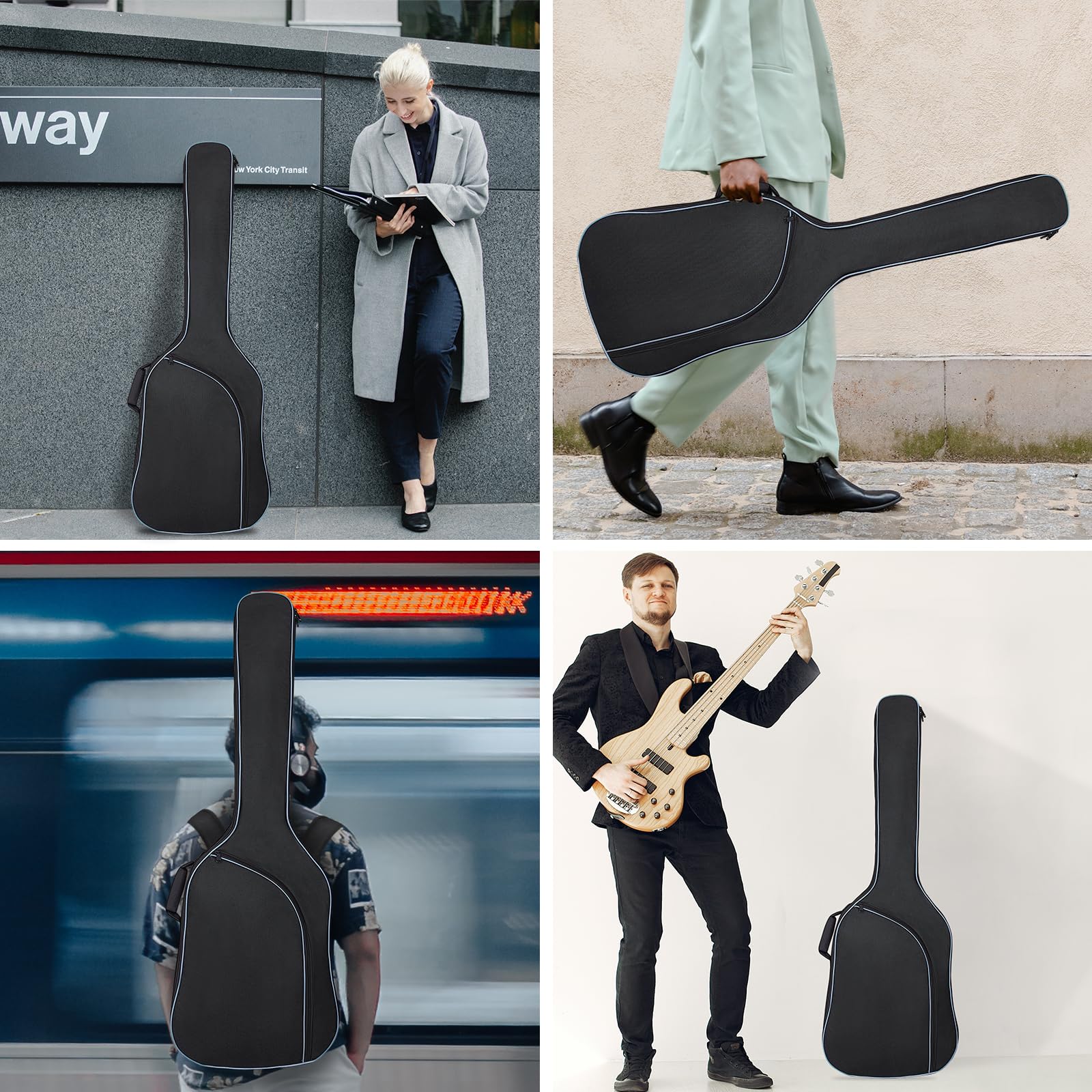 Custodia per Chitarra Basso Custodia di Trasporto per Chitarra Basso 0,38 Pollice Impermeabile Imbottitura Spessa Zaino Borsa Morbida per Basso Elettrico, Bass Guitar Bag-Black Pocket, 123 x 41