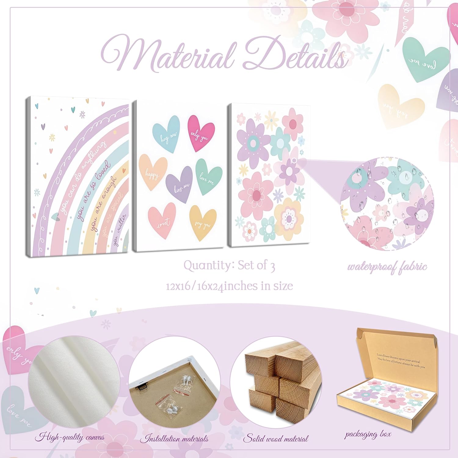 3 Pieces Nursery Boho Wall Art, Framed Cartoon Rainbow Canvas Prints, Colorful Heart Wall Decor, Cute Flower Posters Artwork, Pink Girls Room Aesthetic for Bedroom Dormitory – 12x16in