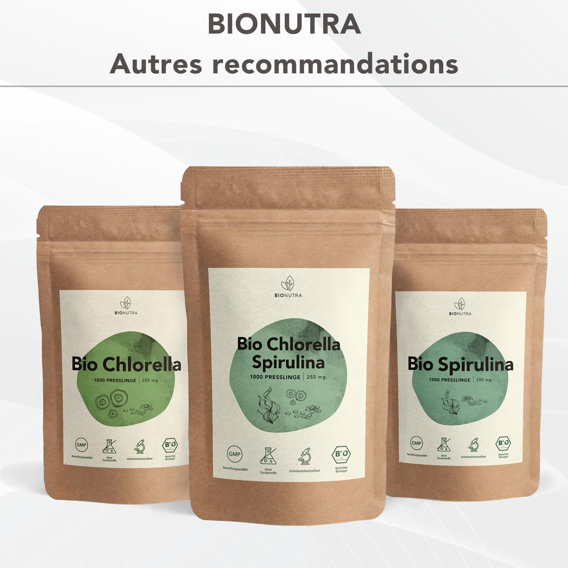 BIONUTRA® Chlorella Bio Comprimés 1000 x 250 mg, contrôlés pour les résidus, produits selon le règlement bio UE, vegan, sans lactose & sans gluten, sans additifs, comprimés chlorella bio