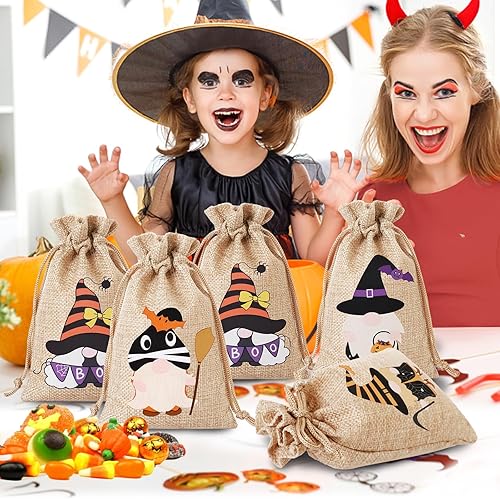 Miniatura 4 de Hopttreely Bolsas de arpillera de Halloween con cordón, 24 bolsas de regalo de dulces, 4 x 6 mini bolsas de lino de yute de Halloween, bolsas de