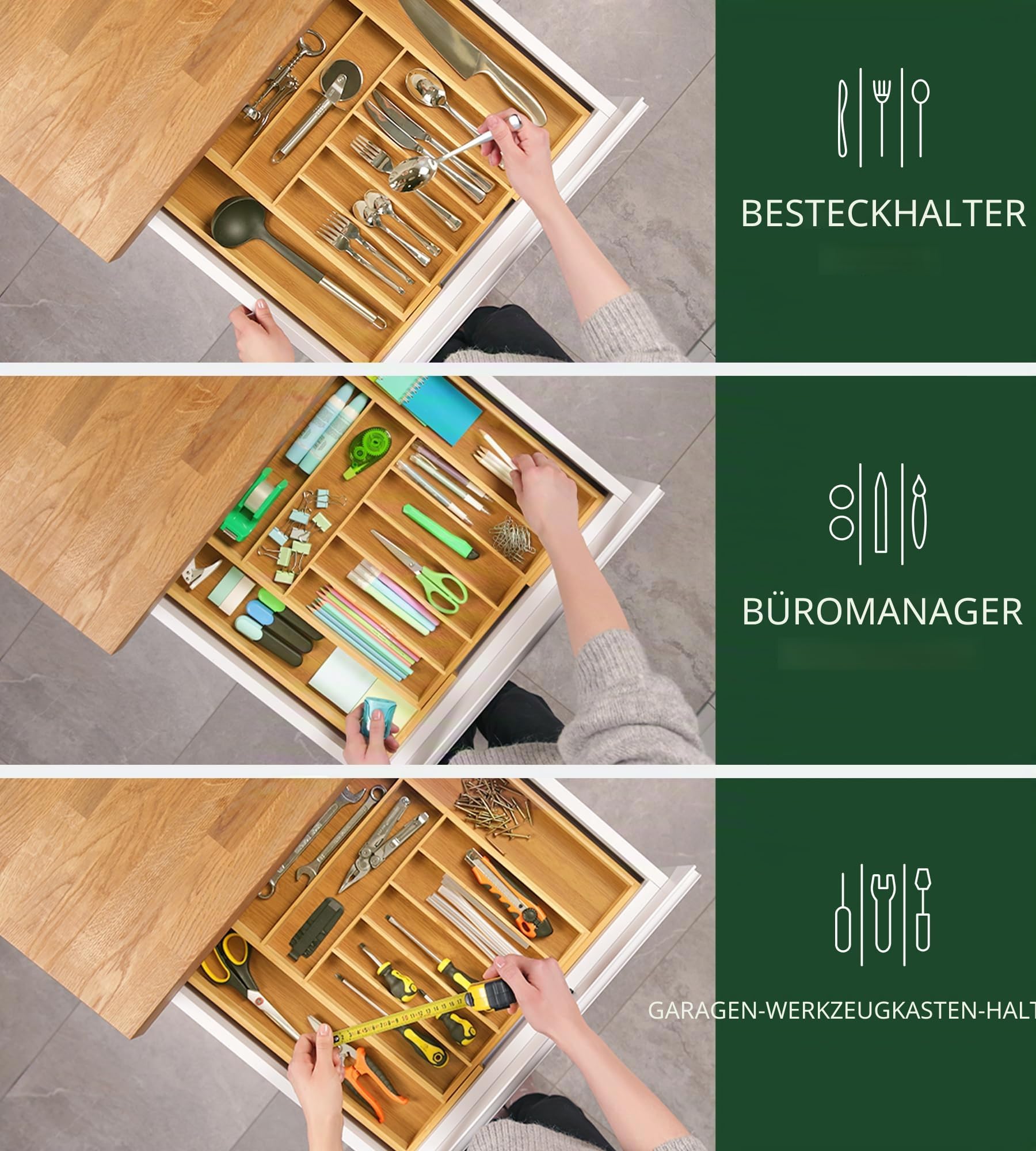 Luxuriöser Bambus-Küchen-Schubladen-Organizer – Besteck-Organizer – Utensilienhalter und Besteckkasten mit gerillten Schubladenteilern für Besteck und Küchenutensilien (9 Fächer, natur)