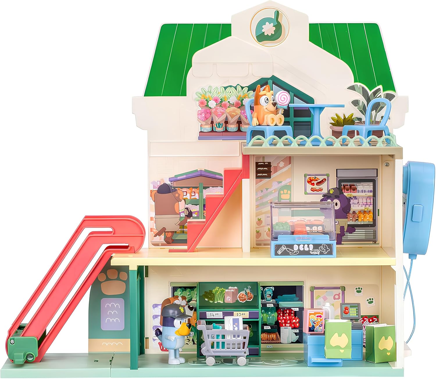 Bluey Supermarket Playset, 3 Different Levels with Exclusive Bluey and Bingo Figures. Includes Working Escalator, 24 Sounds and 15+ Play Pieces Plus Fun Intercom, Over 40cm...