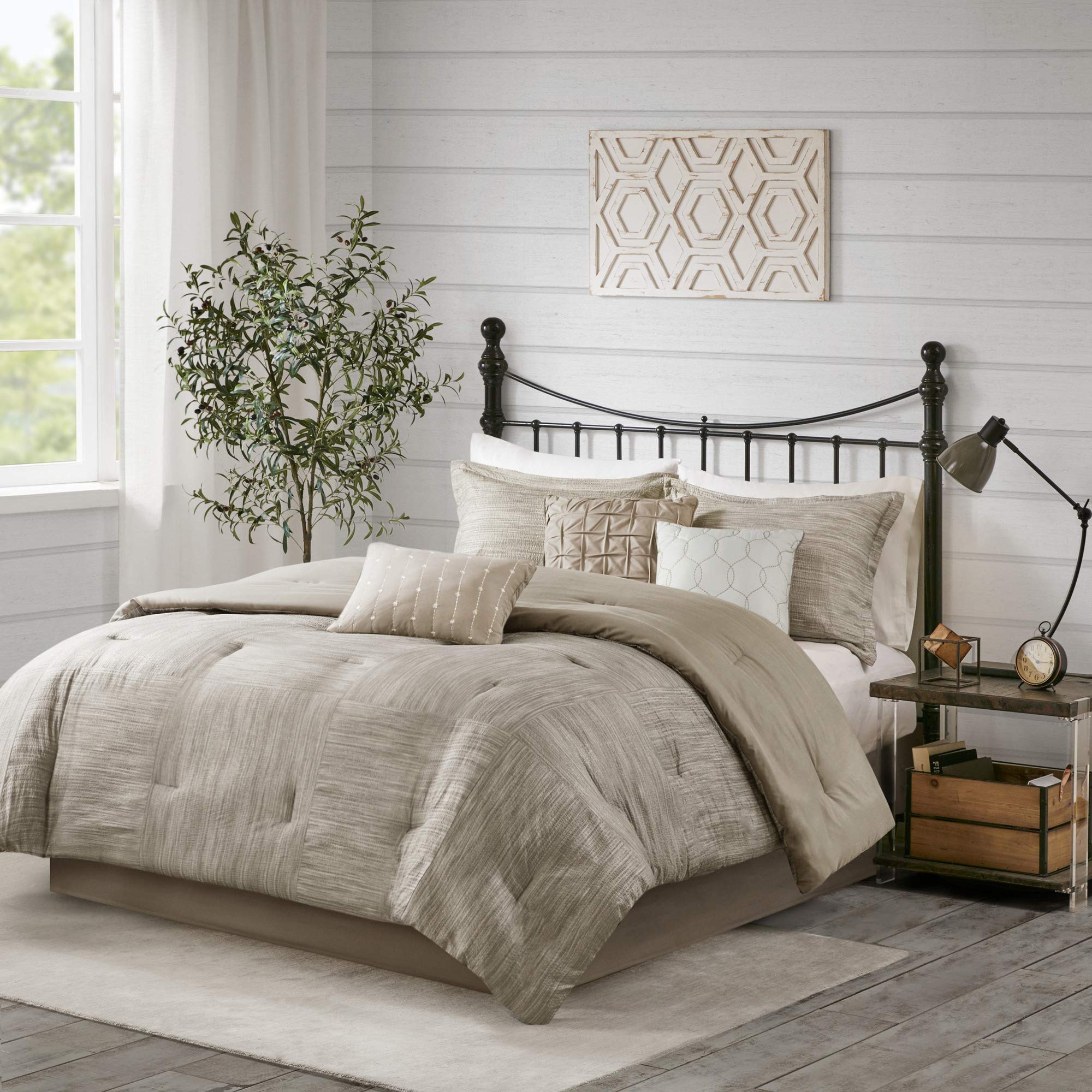 Madison Park Walter Comforter-Luxe Seersucker Print Design All Season Down Alternative Bedding, Matching Shams, Bedskirt, Decorative Pillows, Cal King(104"x92"), Taupe (MP10-7087)