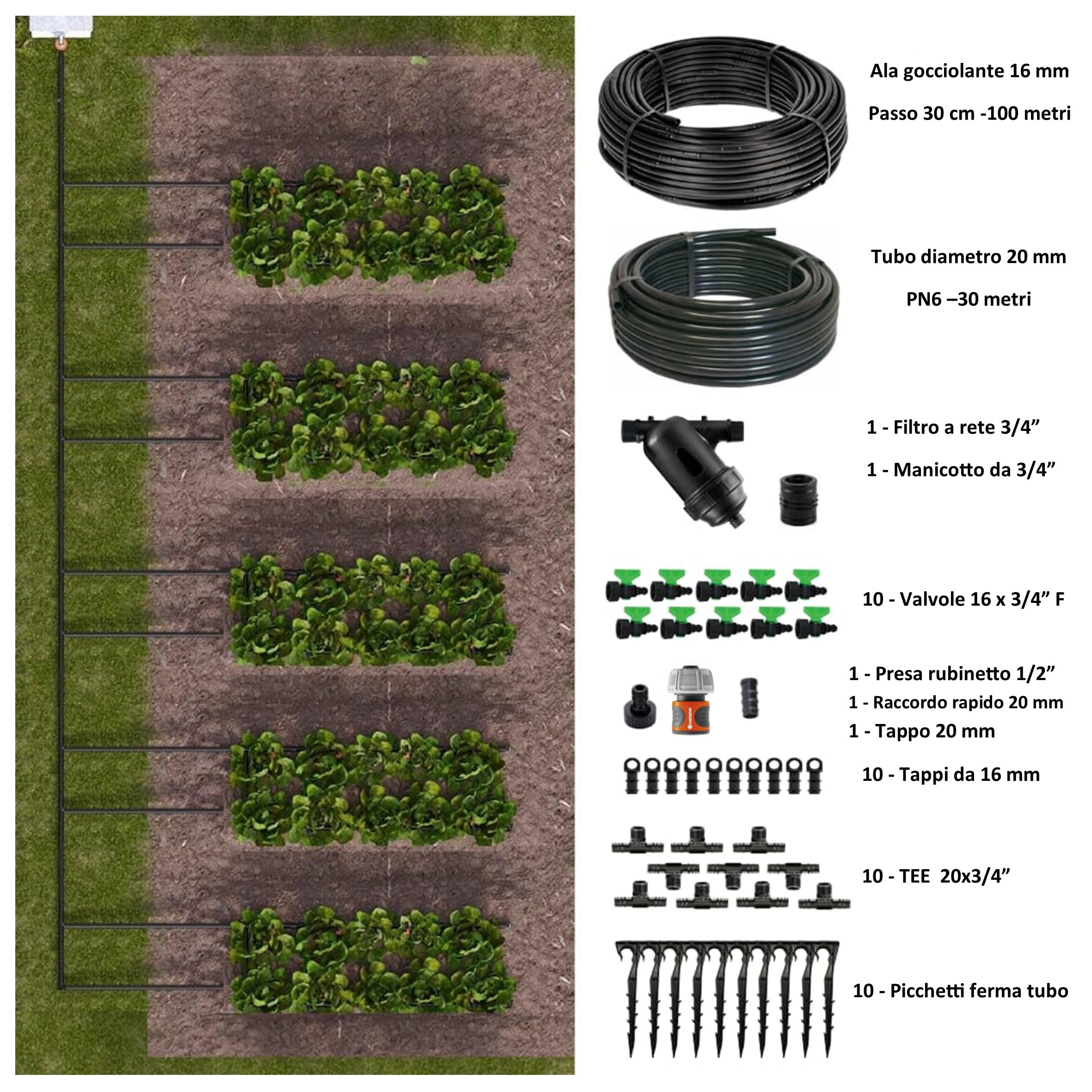 Kit Irrigazione Orto Ala Gocciolante per 100 Mq distanza goccia ogni 30 Cm Impianto Completo raccordi e Filtro Per Giardino e Orto