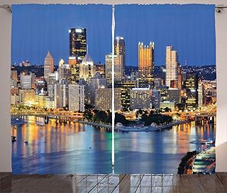 Ambesonne City Pittsburgh Curtains, Night Scene of Skyscrapers in Downtown Pennsylvania Skyline Busy City Life, Living Room Bedroom Window Drapes 2 Panel Set, 108" X 84", Multicolor