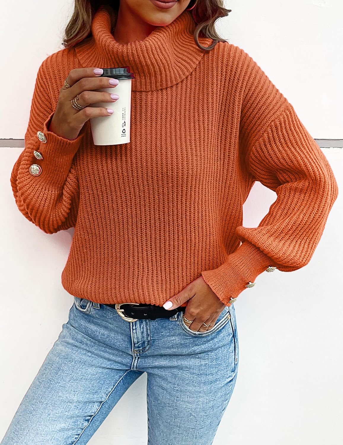 Womens Oversized Turtleneck Sweaters Spring 2026 Lightweight Thin Ribbed Knit Button Cropped Pullover Top - Image 8