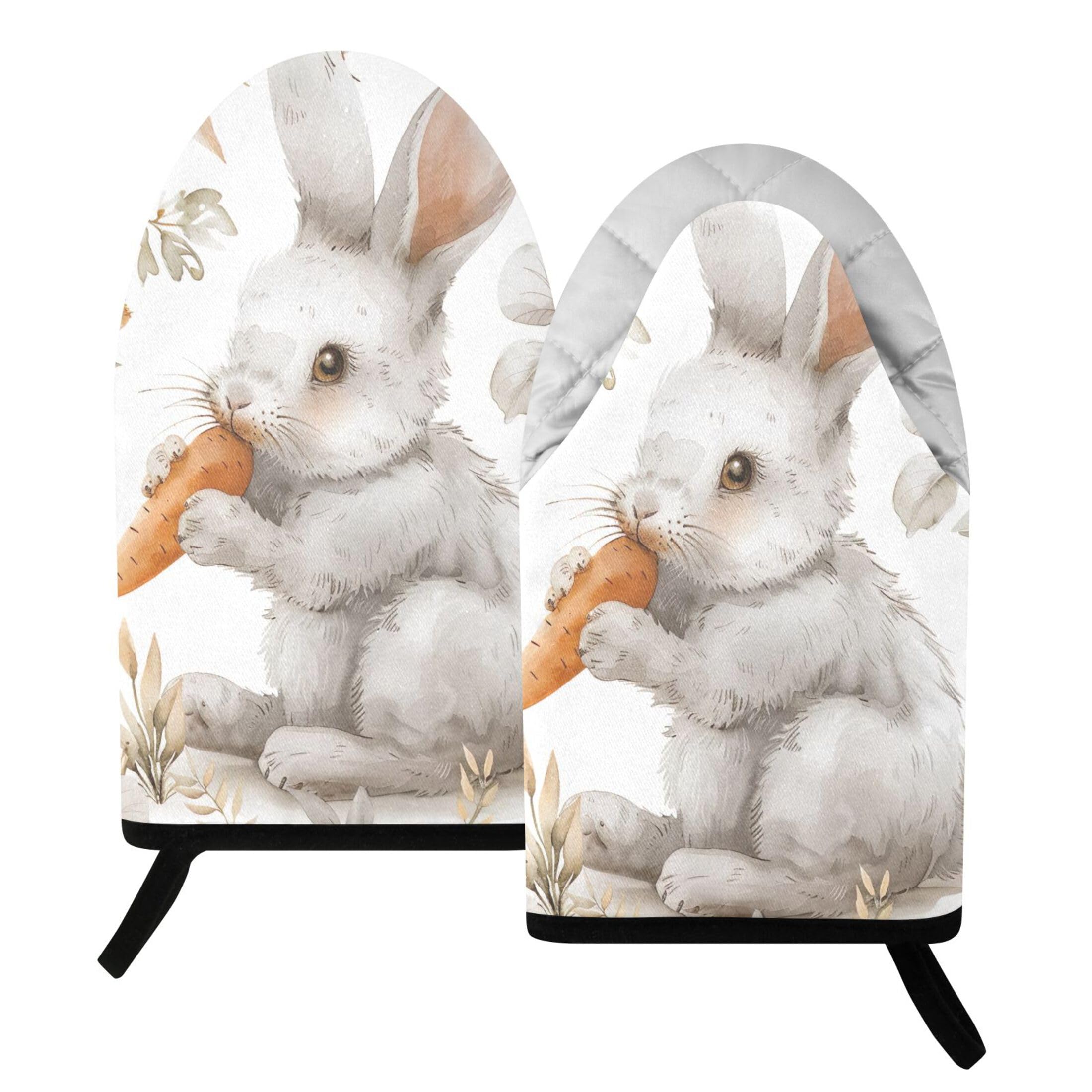 Kutsu Rabbit with Carrots Oven Mitts for Kitchen, Heat Resistant Cotton Oven Gloves for BBQ Baking Cooking, Breathable Kitchen Essentials, 2 pcs