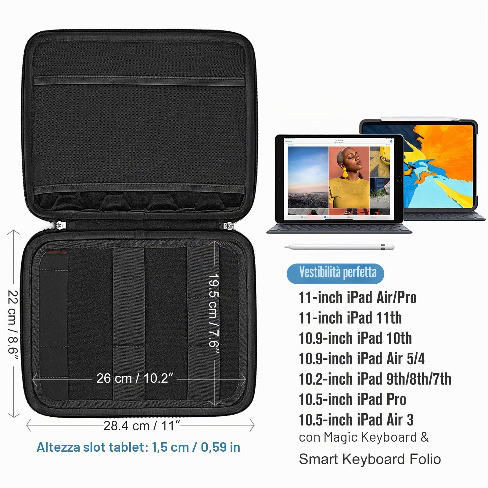 FINPAC Portfolio Borsa per 11" iPad Pro M5/M4 & iPad Air M4 M3 M2 2026-2024, 11" iPad 11 A16 2025, 10,9" iPad Air 5/iPad 10, Tablet Idrorepellente Rigida Custodia con Organizer Supporto per Accessori