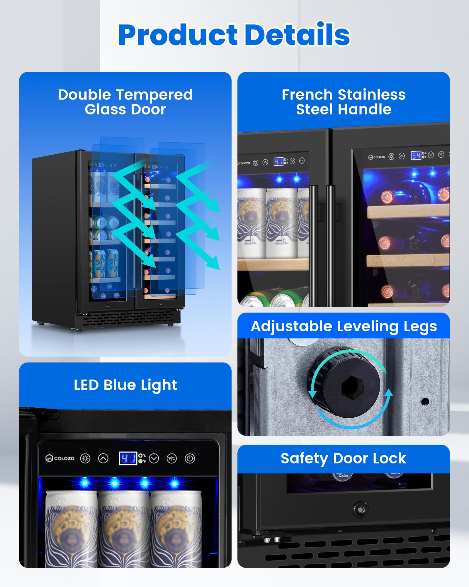 Colzer Wine & Beverage Refrigerator Under Counter, 24 Inch Black Freestanding Wine Fridge With Wooden Shelves, Glass Door&Lock Beverage Cooler-20 Bottles & 88 Cans For Kitchen/Bar/Commercial on Fridge.com - View 4