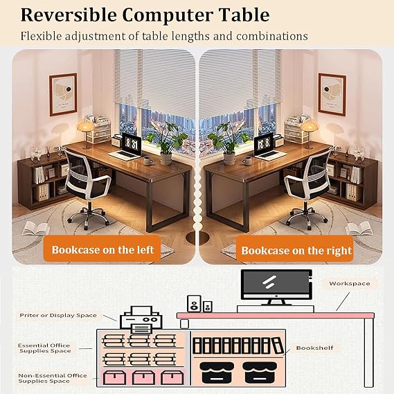 L-Shaped Computer Desk with Storage,Corner Desk with 2-Tier Storage Shelves,Reversible Home Office Desk,Modern Wood PC Table,Large Study Writing Table for Small Space