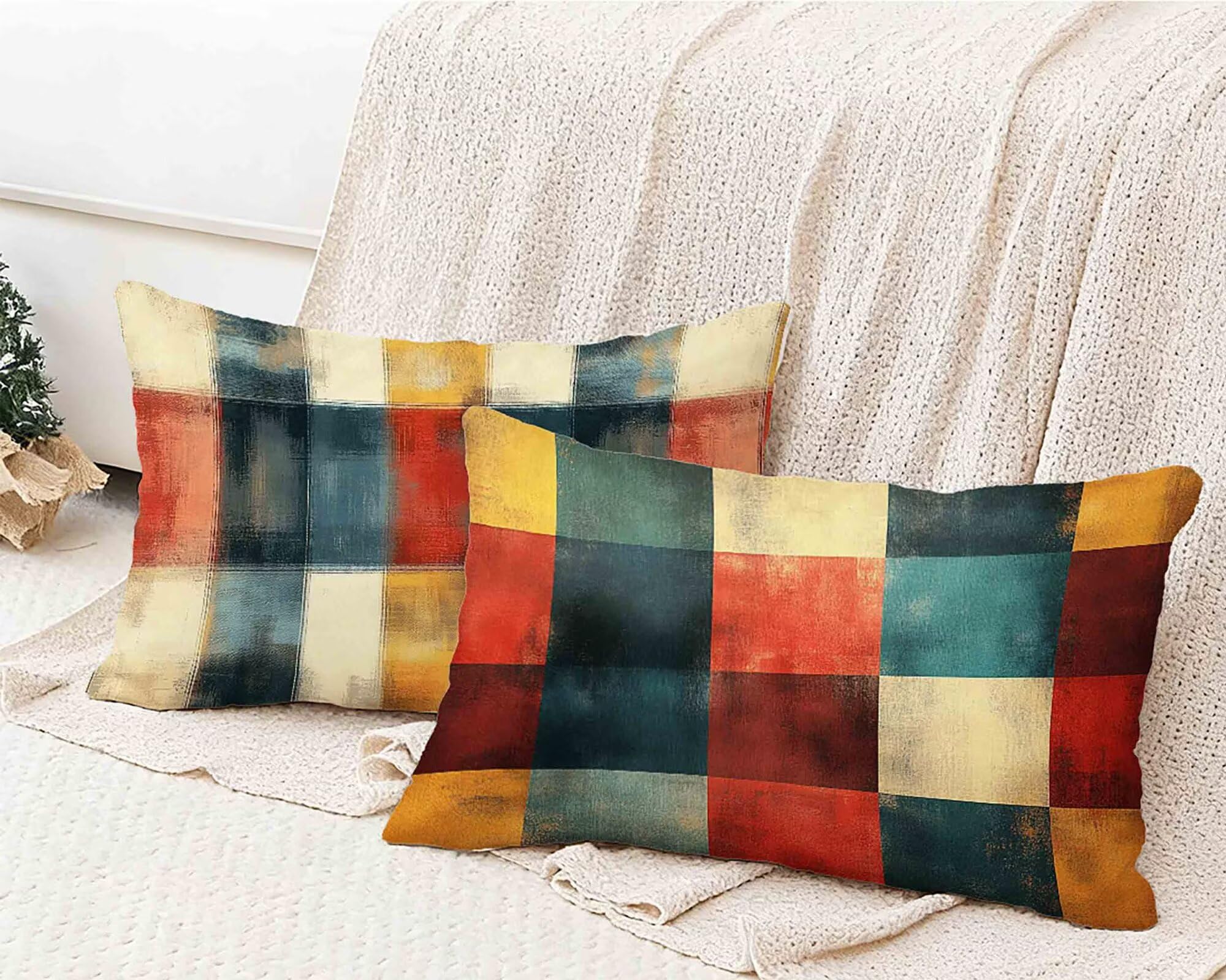 Kissenbezug 50x70 cm 2er Set, Kissenbezug Gitter Kopfkissen Rot Muster Design Kopfkissenbezug Wasserdicht Leinen Pillow Case Herbstdeko mit Verstecktem Reißverschluss für Deko Wohnzimmer -lsy250127Y