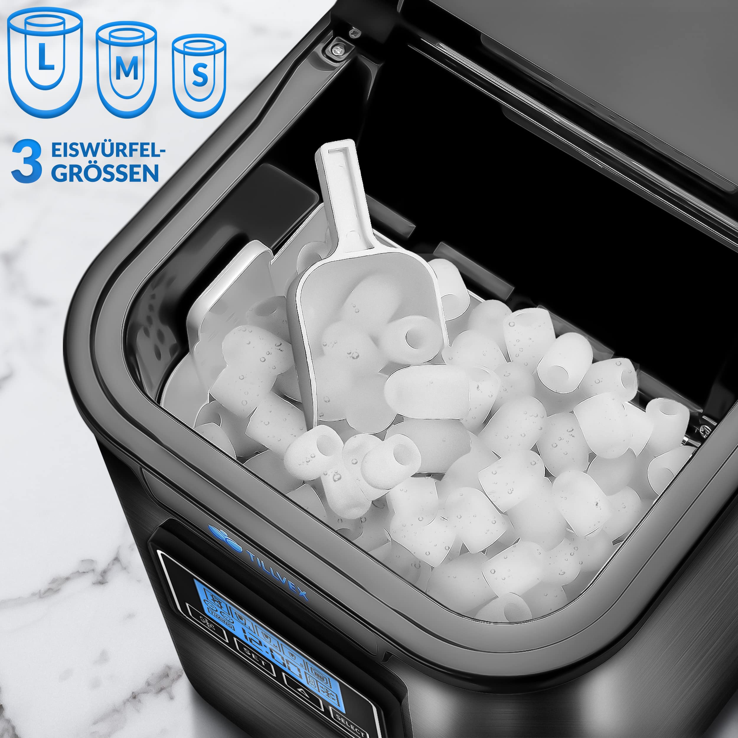 tillvex Eiswürfelmaschine Edelstahl 12 kg - 24 h | Eiswürfelbereiter mit Timer und 2,2 Liter Wassertank | Ice-Maker LCD-Display & Selbstreinigungsfunktion | 3 Eiswürfel Größen (Schwarz)
