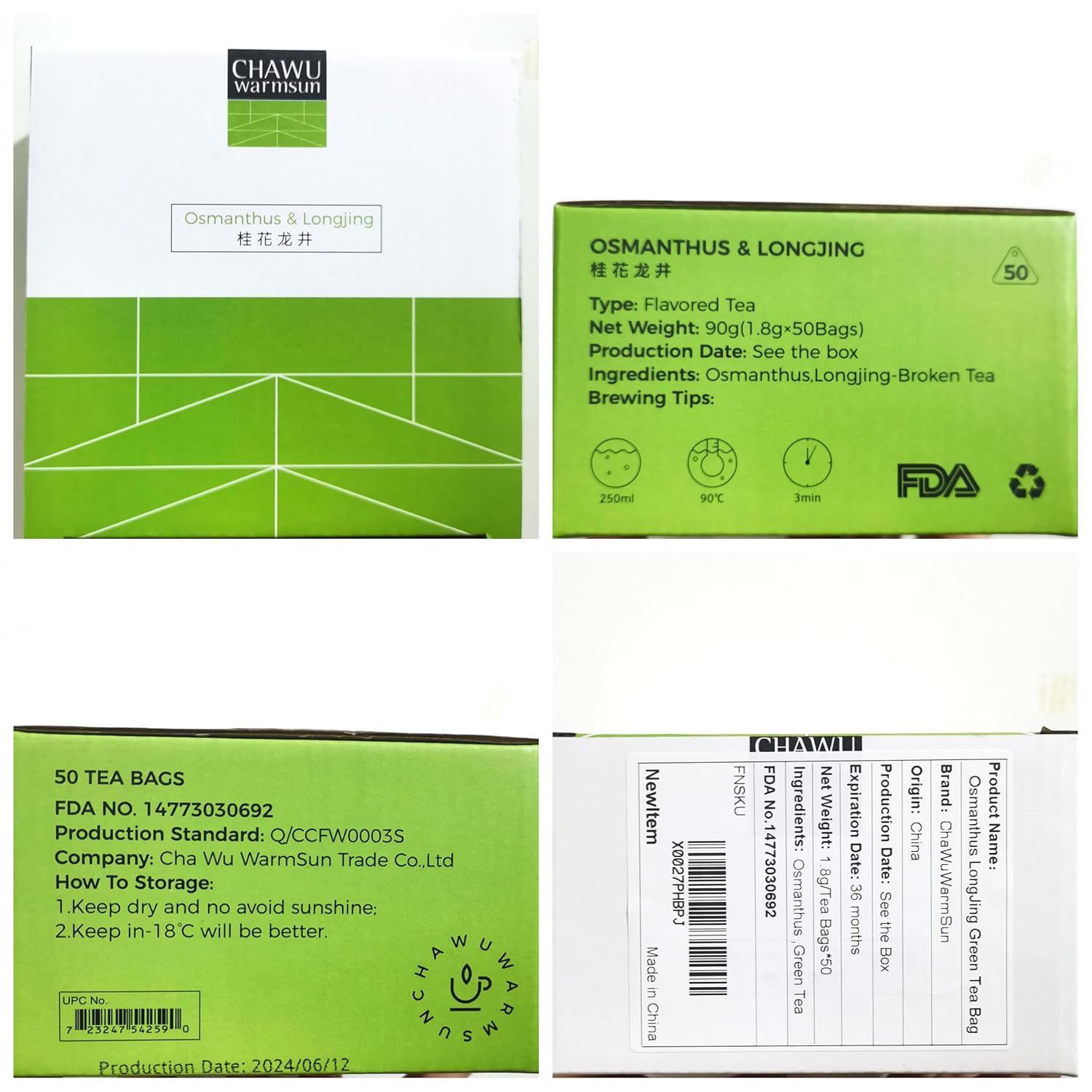 ChaWuWarmSun-Osmanthus & LongJing Green Tea Bags,50 Tea Bags,Natural Flower and Broken Tea (Pack of 2)