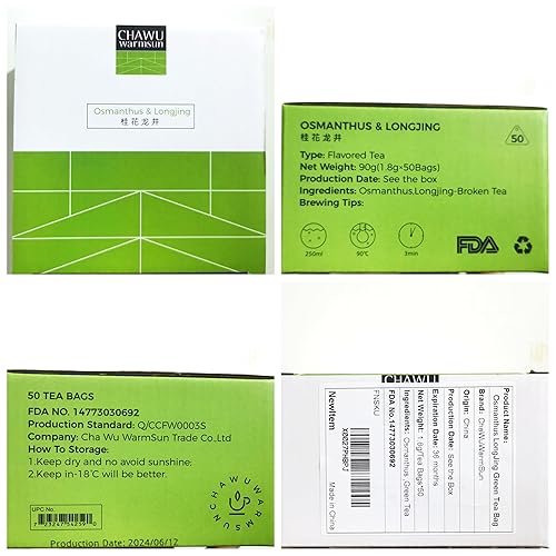 Miniatura 8 de ChaWuWarmSun -Osmanthus & LongJing Bolsas de té verde, 50 bolsas de té, flores naturales y té roto